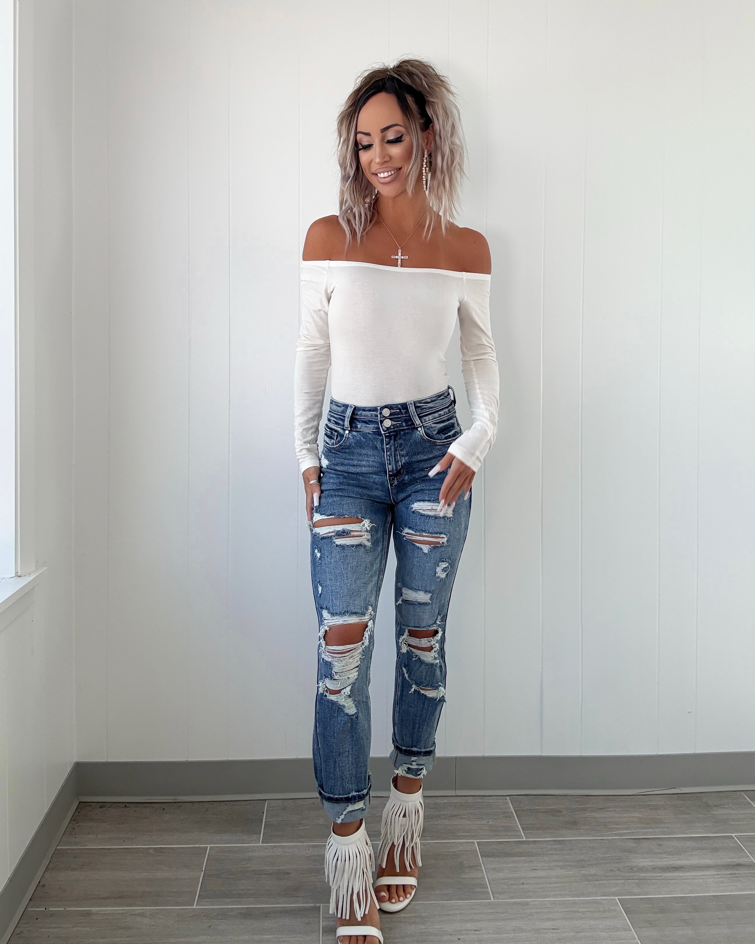 Laurel Destroyed High Rise Jeans - Medium Wash