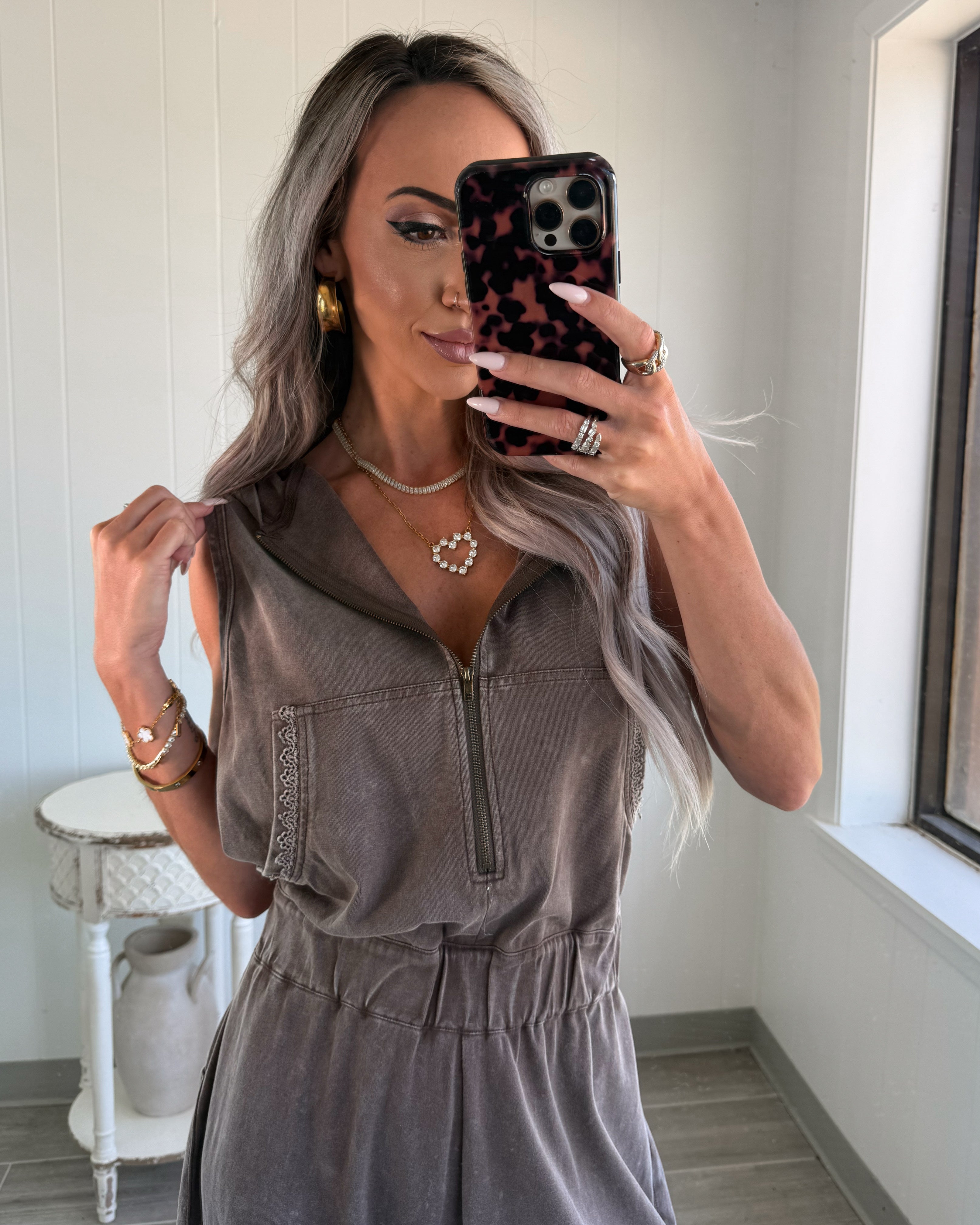 The Hazel Hooded Jogger Jumpsuit - Washed Brown