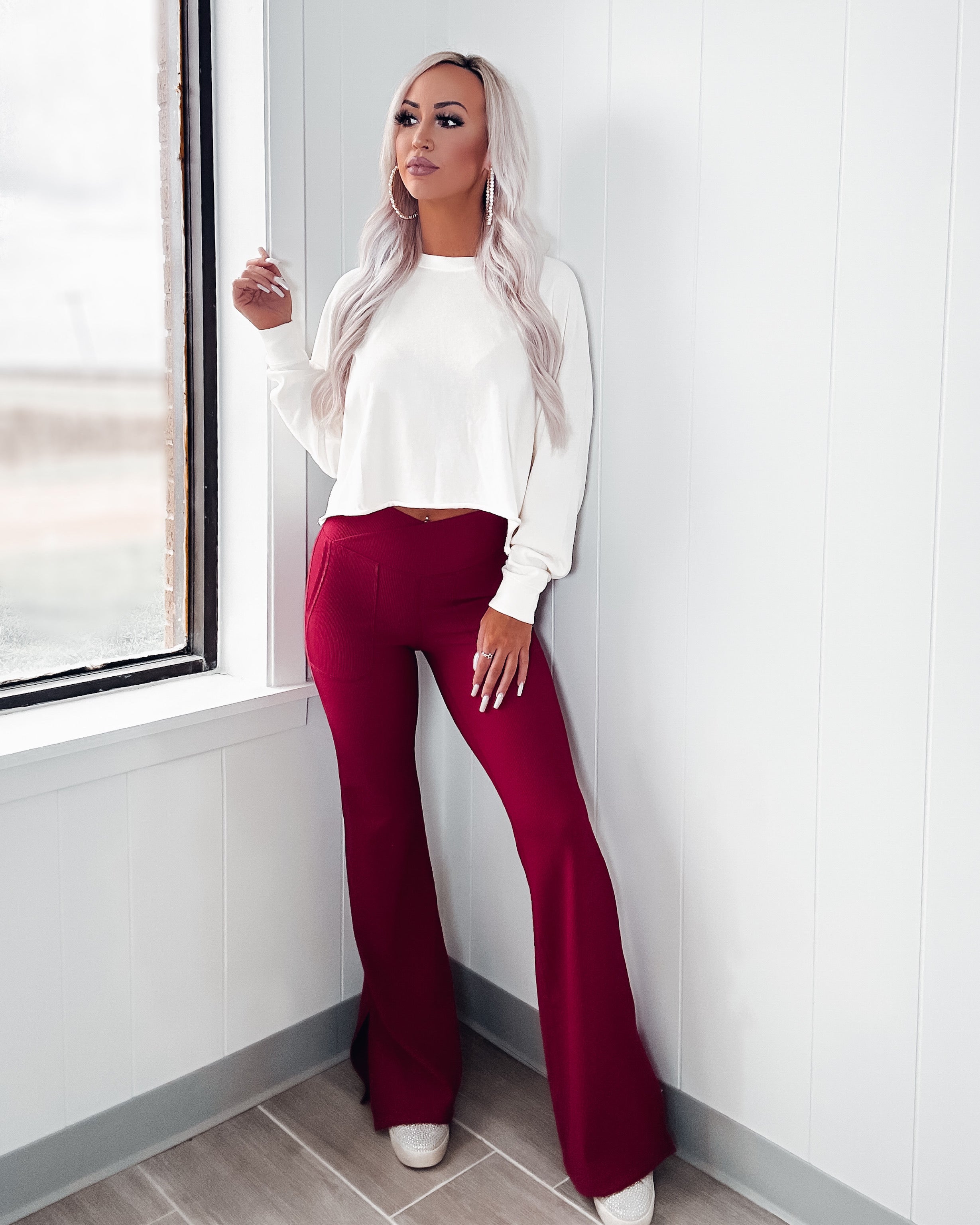 Groove Ribbed Flared Leggings - Berry