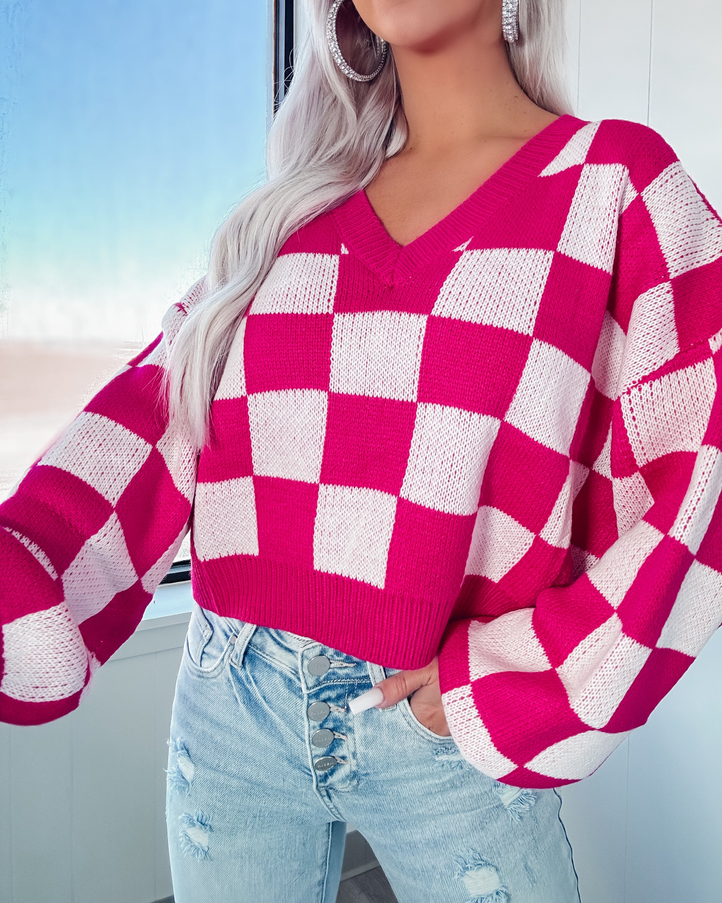 Talk About It Checkered Sweater - Fuchsia