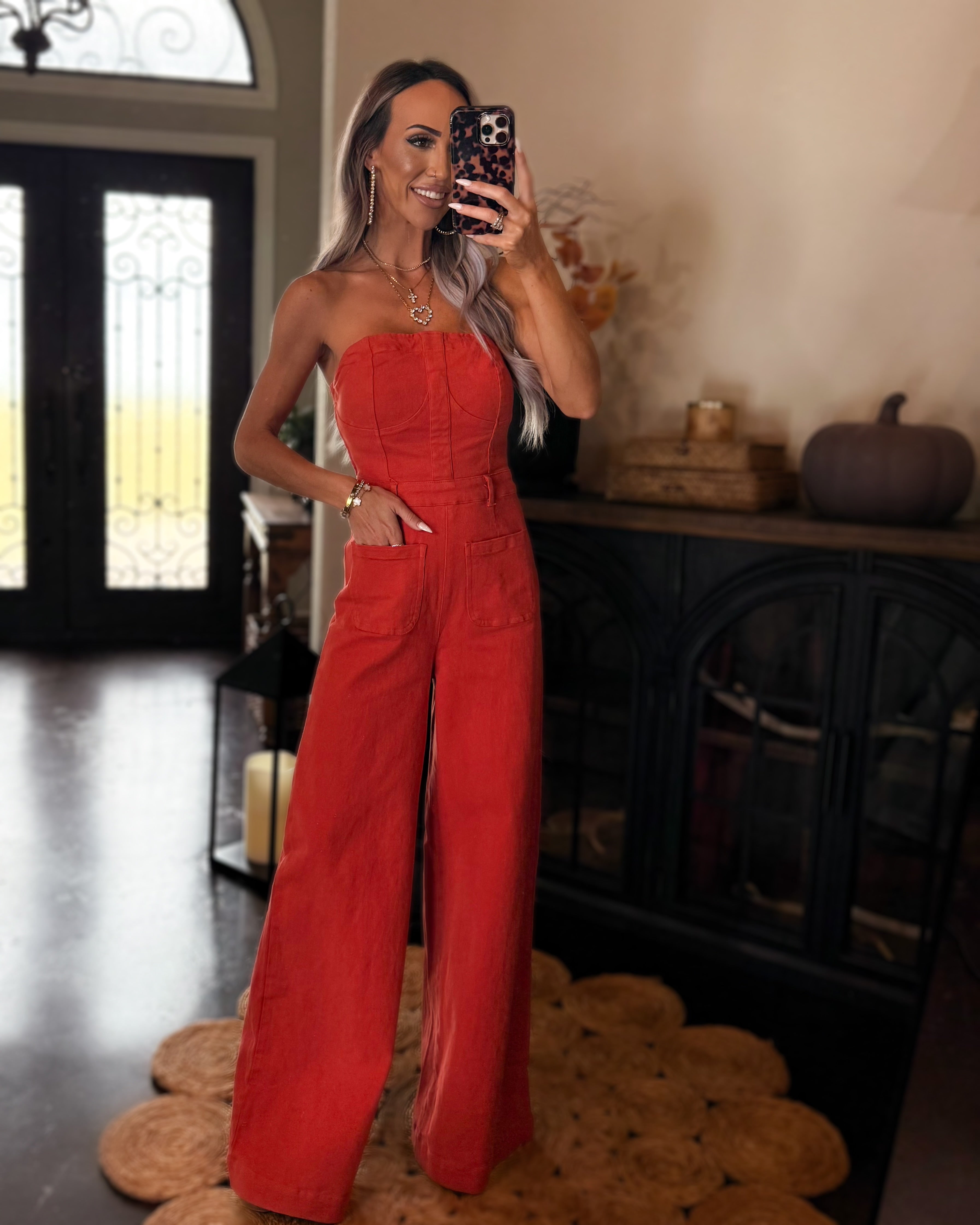 Hot Streak Tube Top Denim Jumpsuit - Terracota
