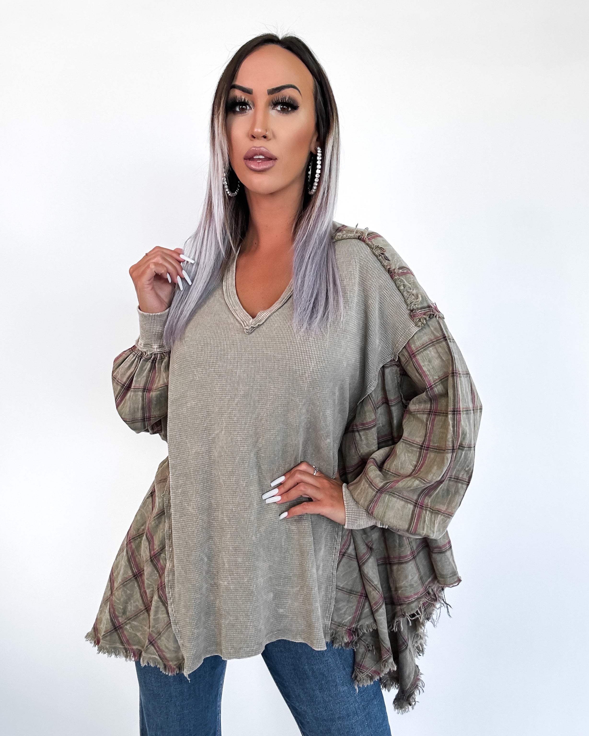 Fall Into Plaid Oversized Top- Olive