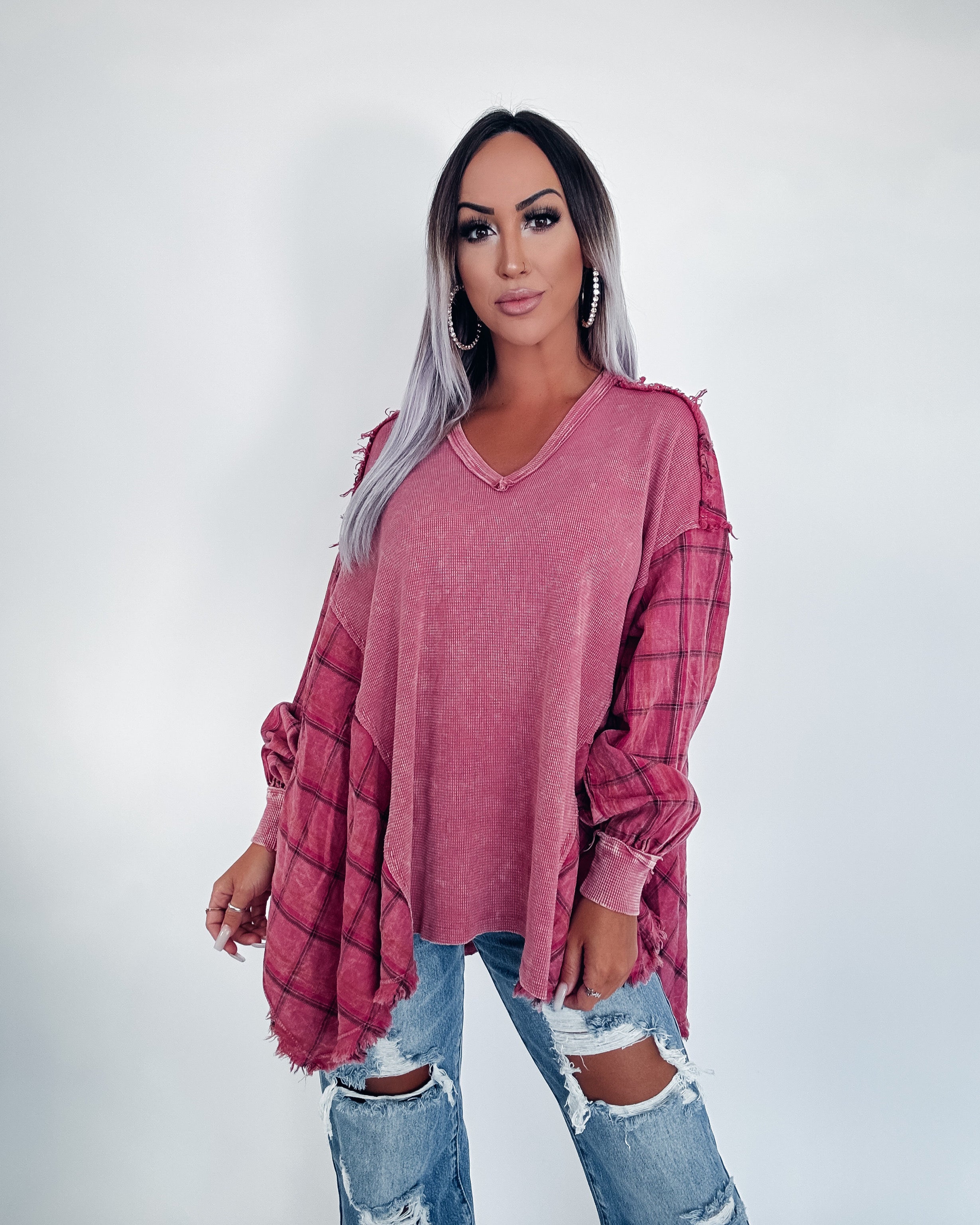 Fall Into Plaid Oversized Top- Wine
