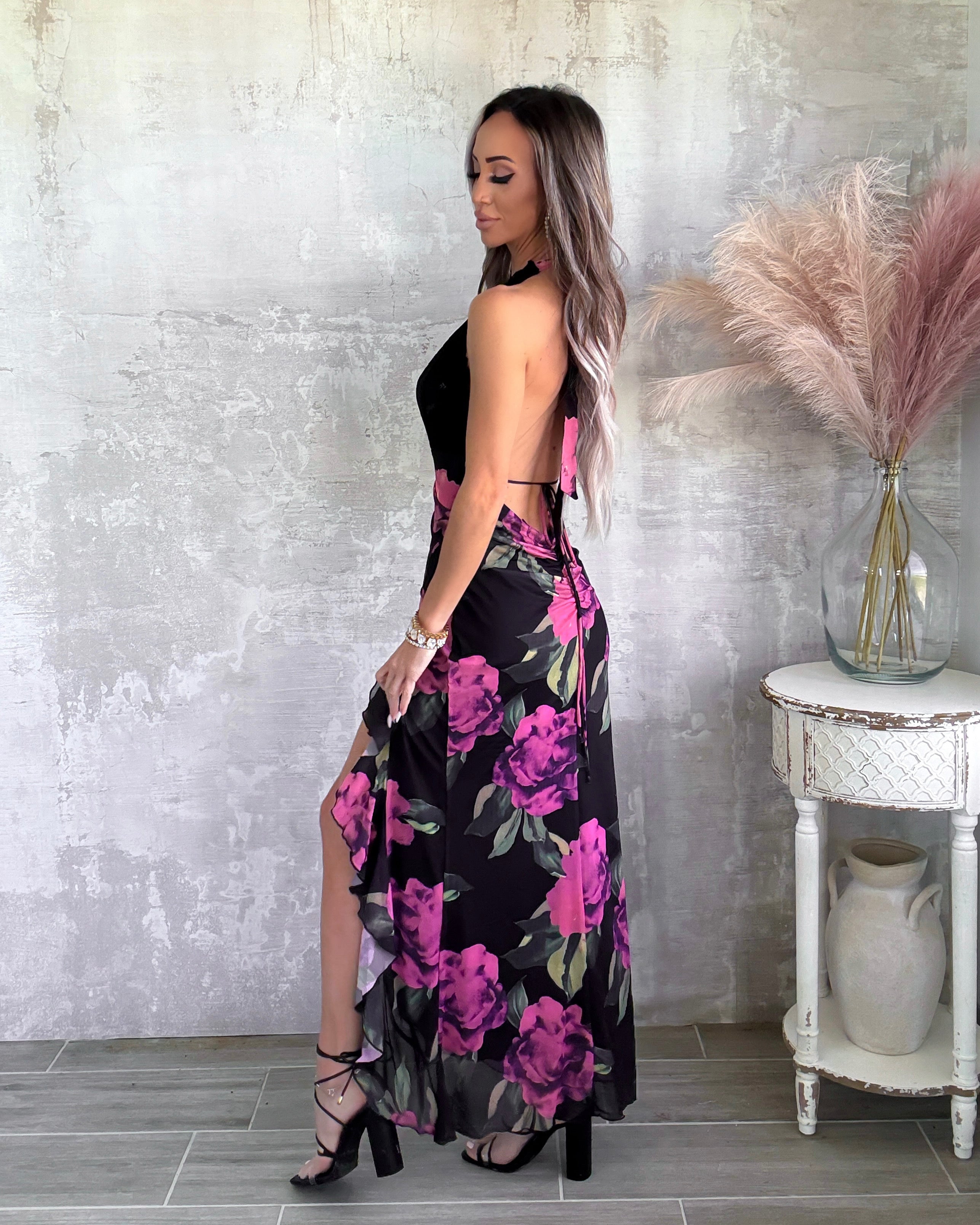 Bloomline Floral Halter Ruffle Dress - Black/Pink