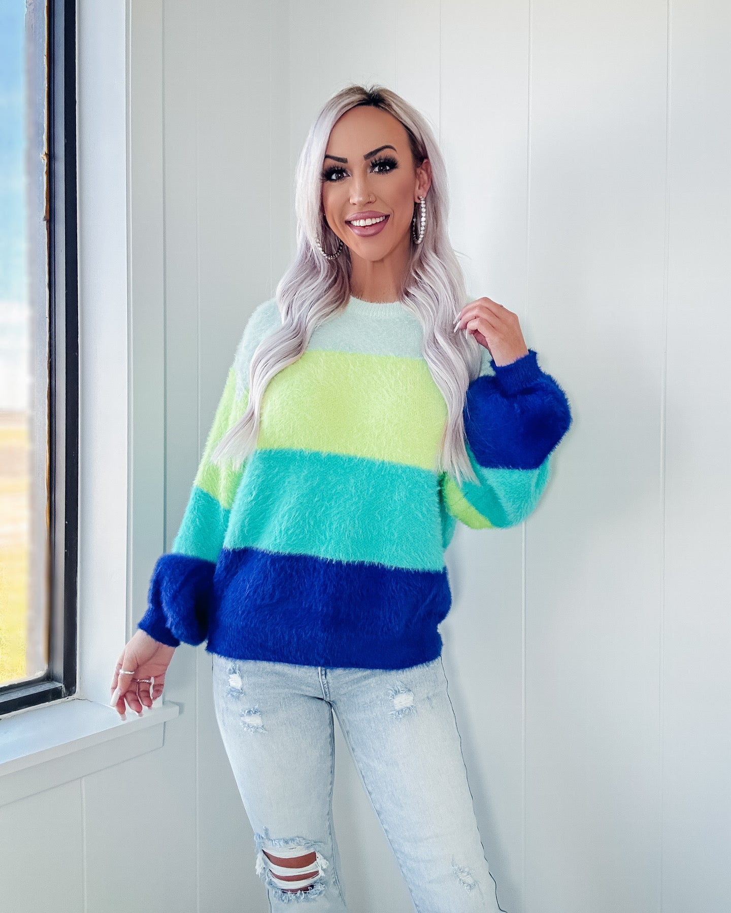 All This Love Eyelash Colorblock Sweater - Blue