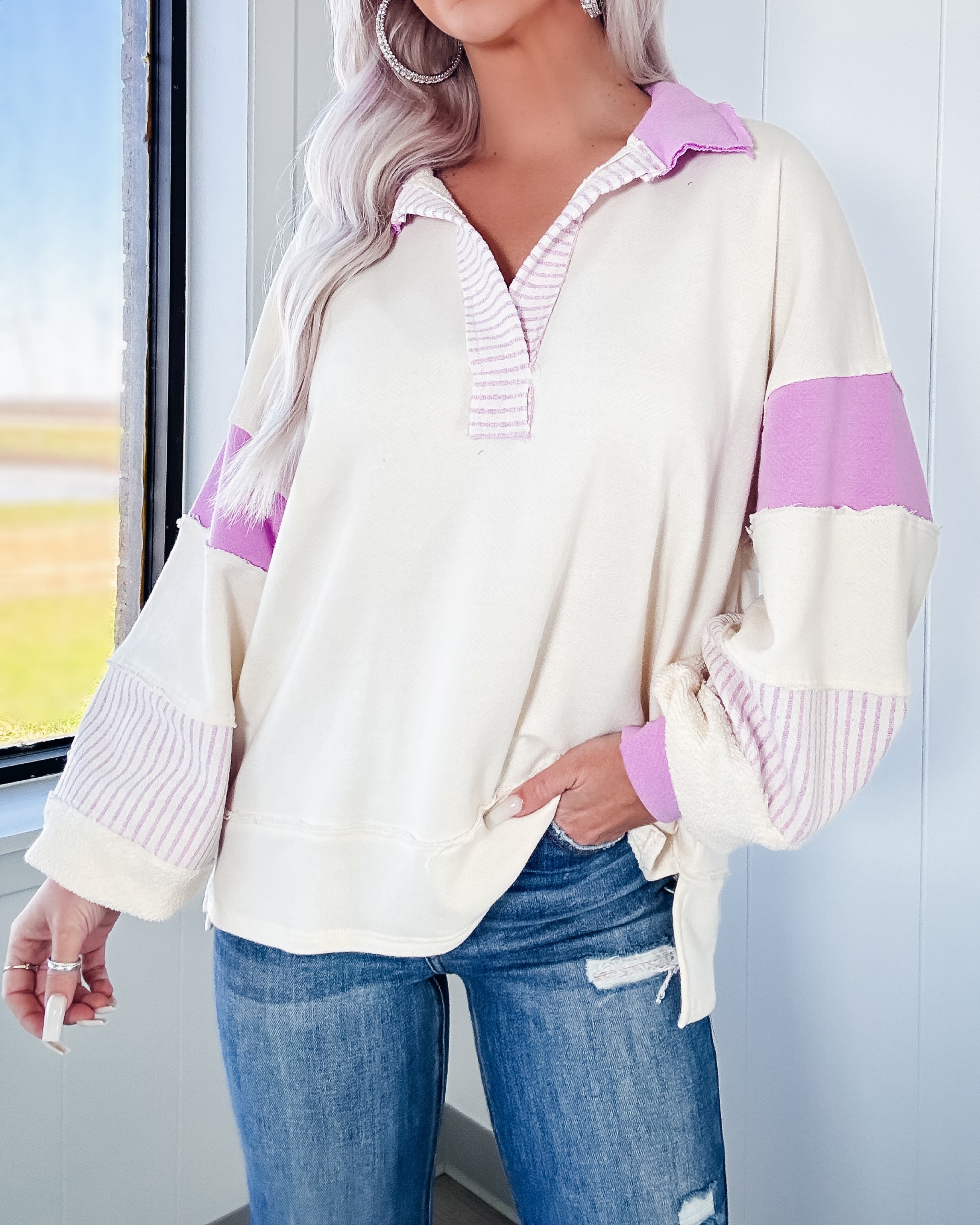 Busy Schedule French Terry Colorblock Pullover - Cream/Lavender