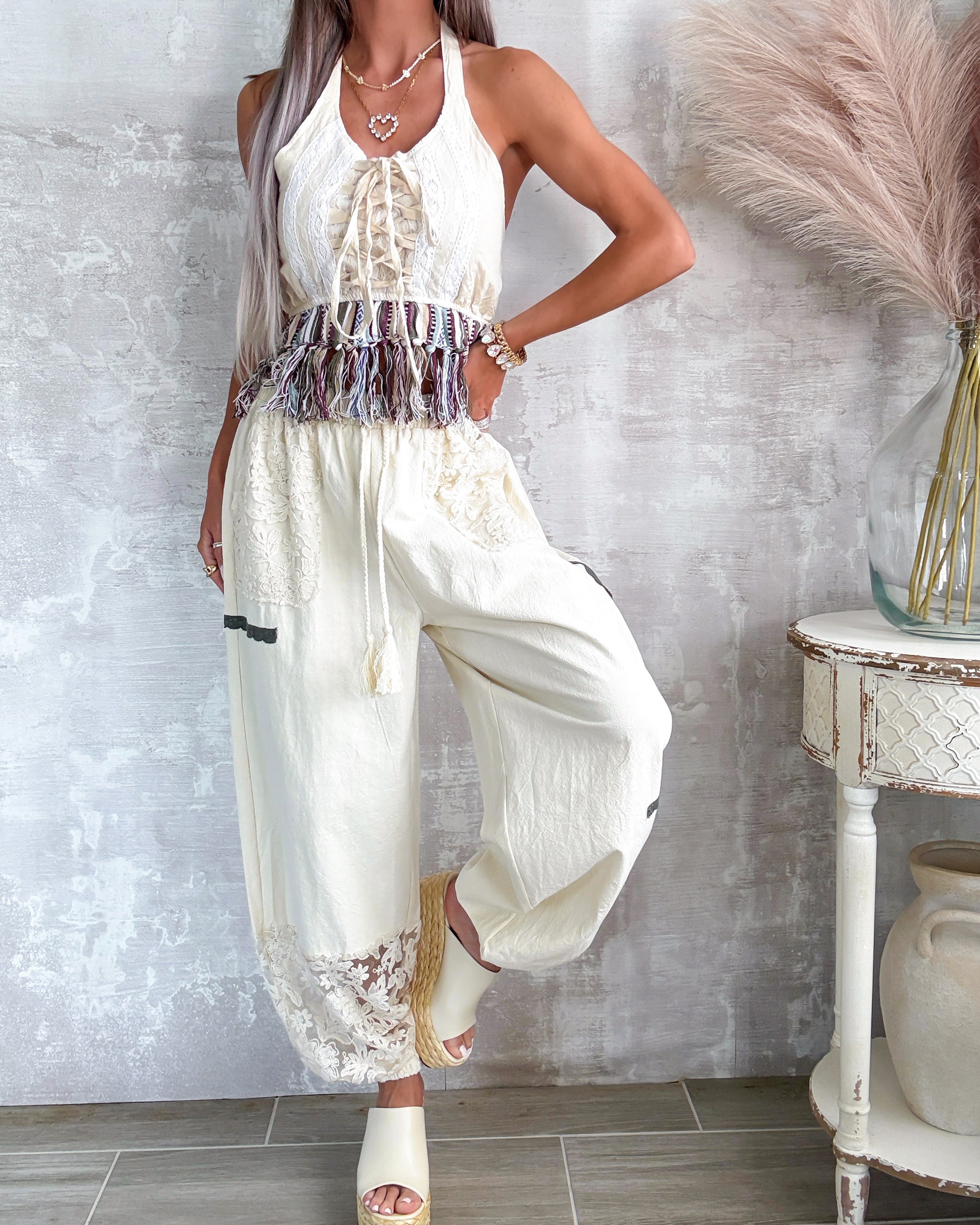 Britt Boho Fringe Halter Top - Natural