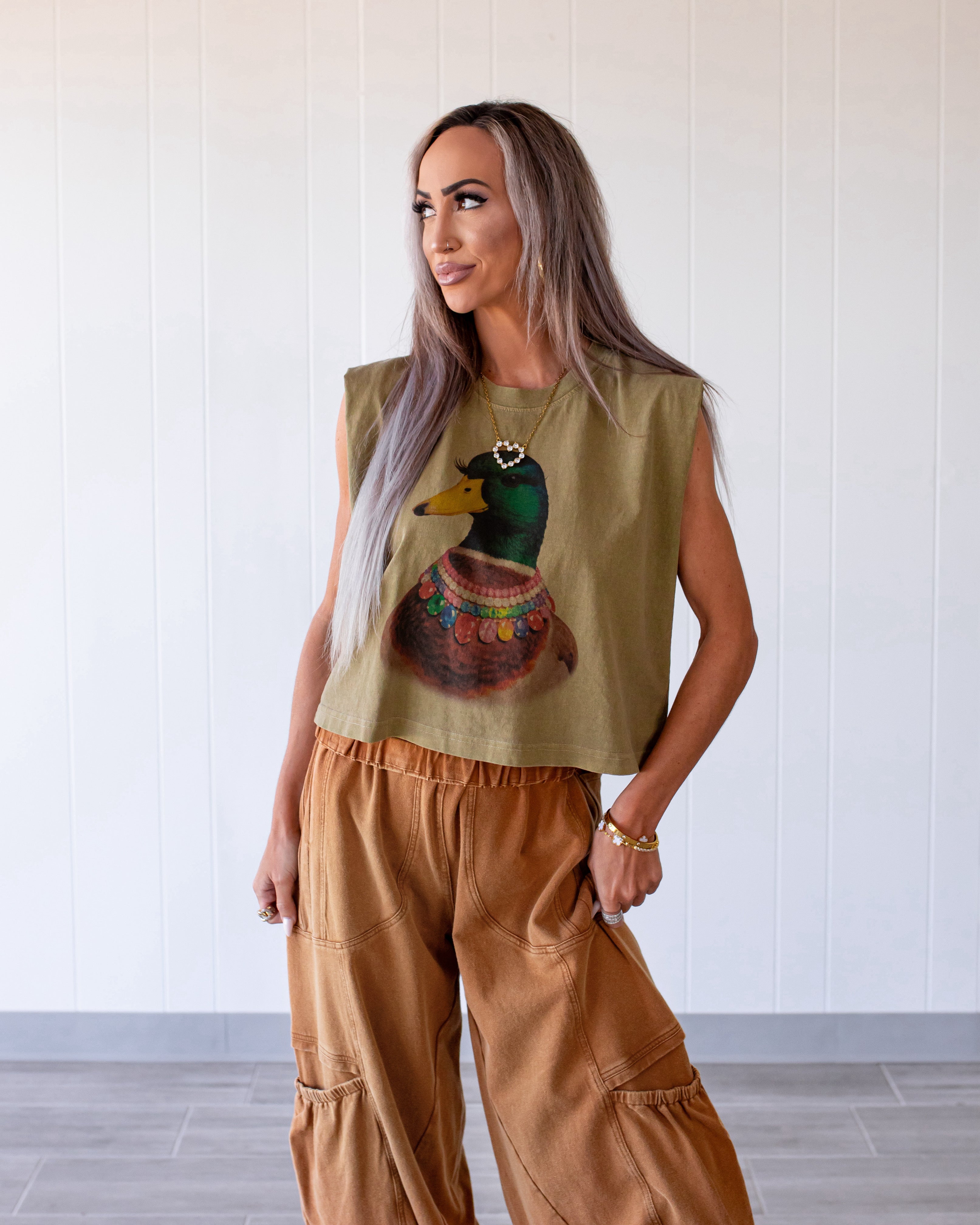 Jeweled Collar Mallard Duck Muscle Tank - Faded Army Green