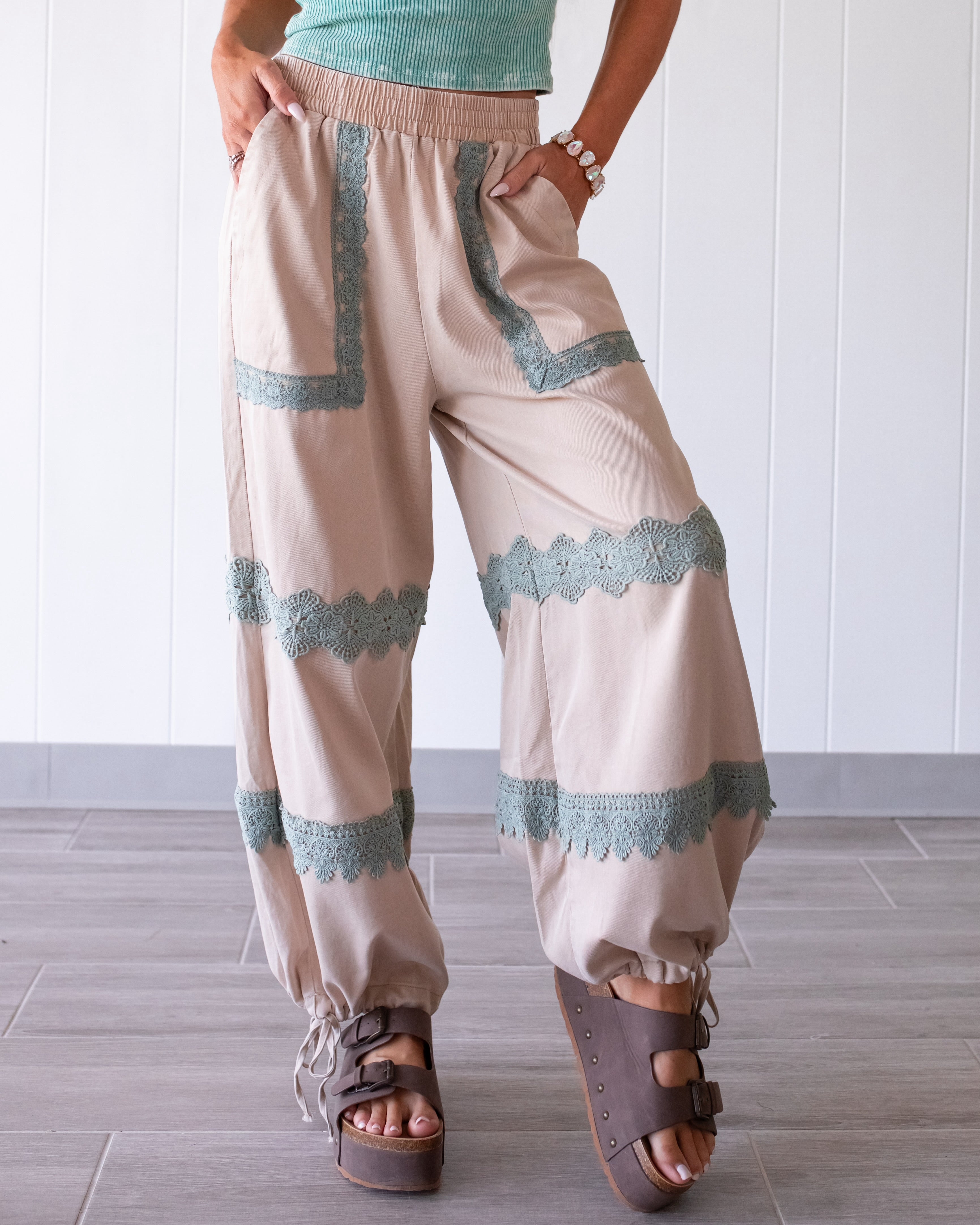 Bella Lace Trim Pants - Beige