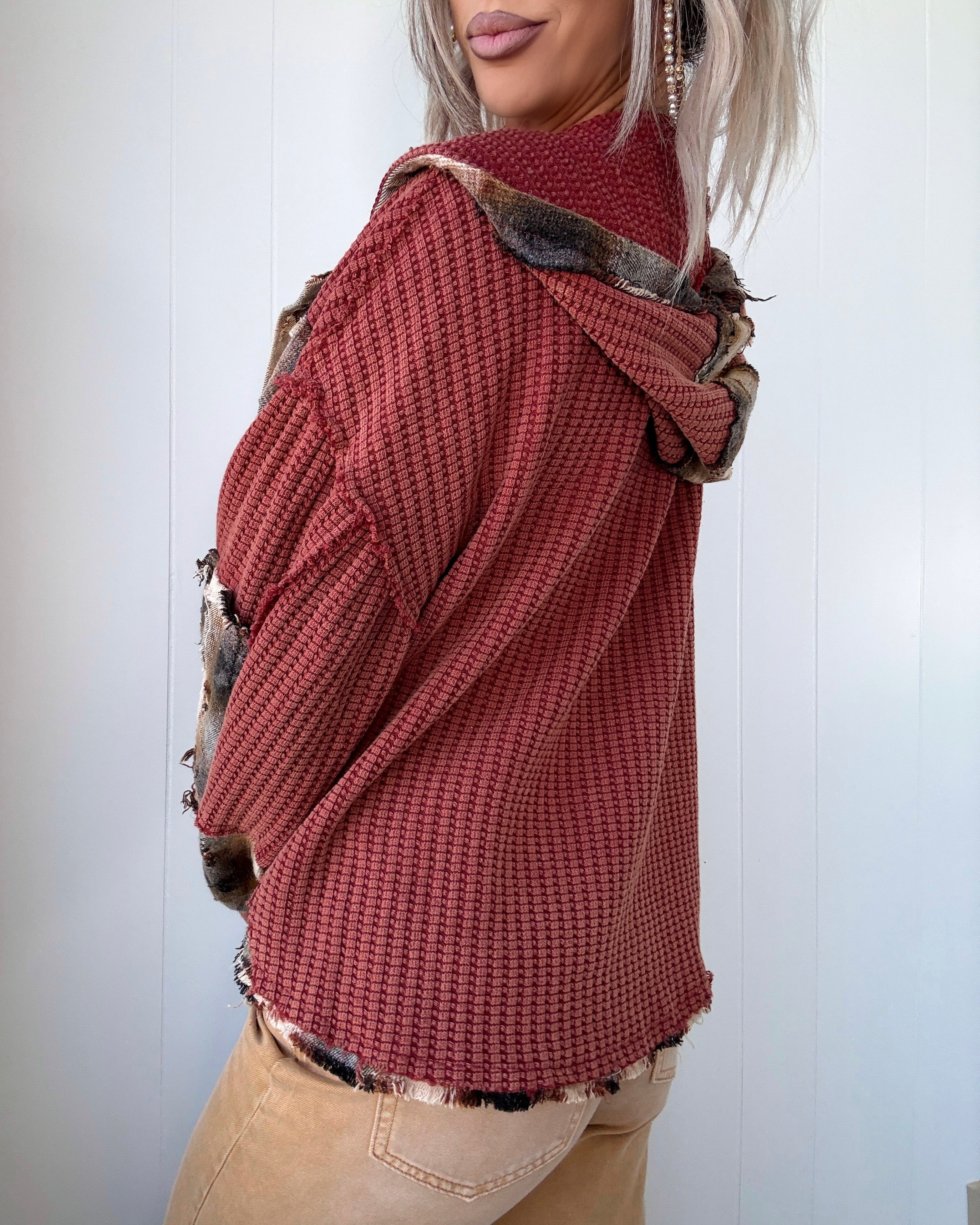 Sweet Patchwork Hooded Top - Maroon