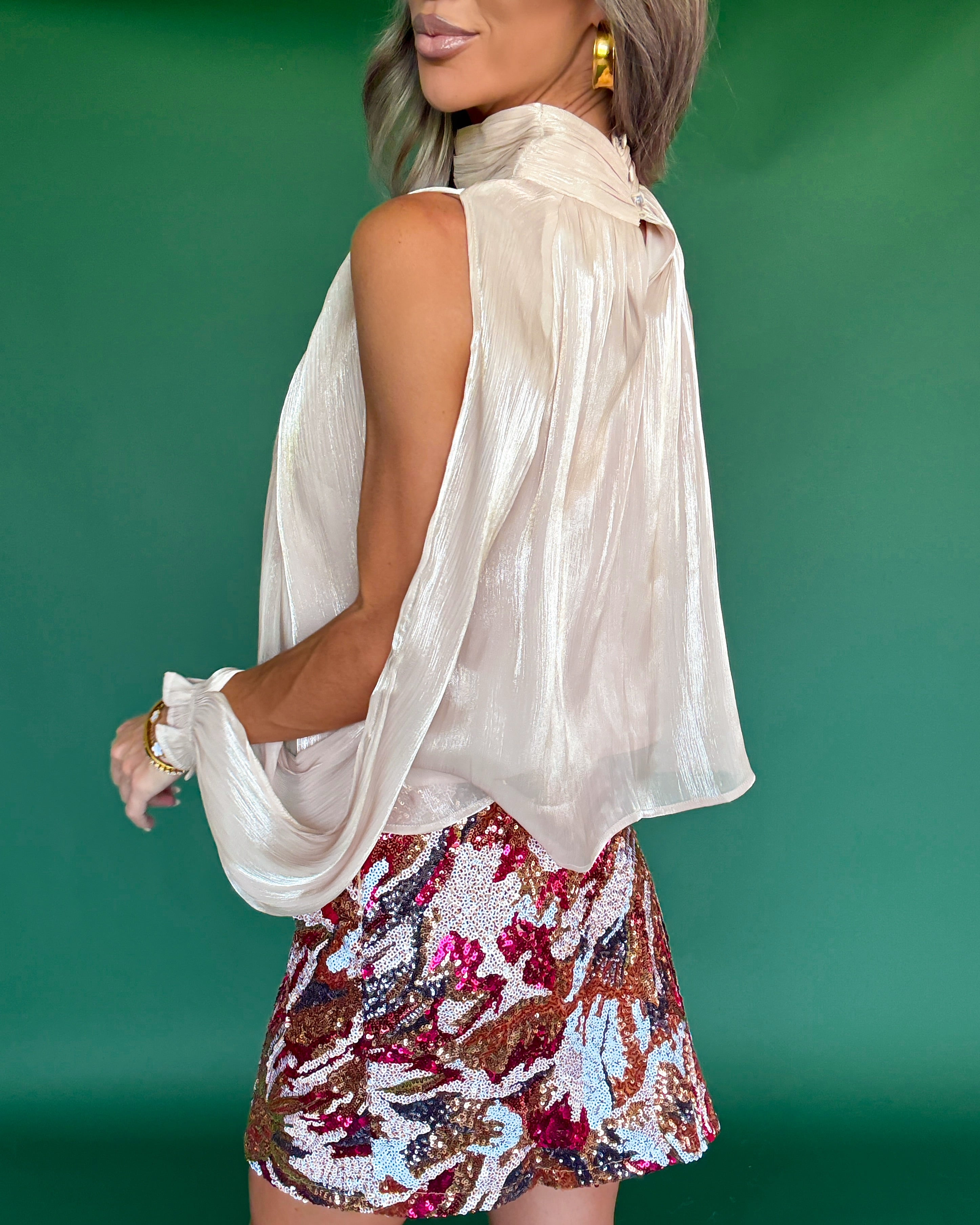 Opaline Glow Cold Shoulder Halter Blouse - Champagne