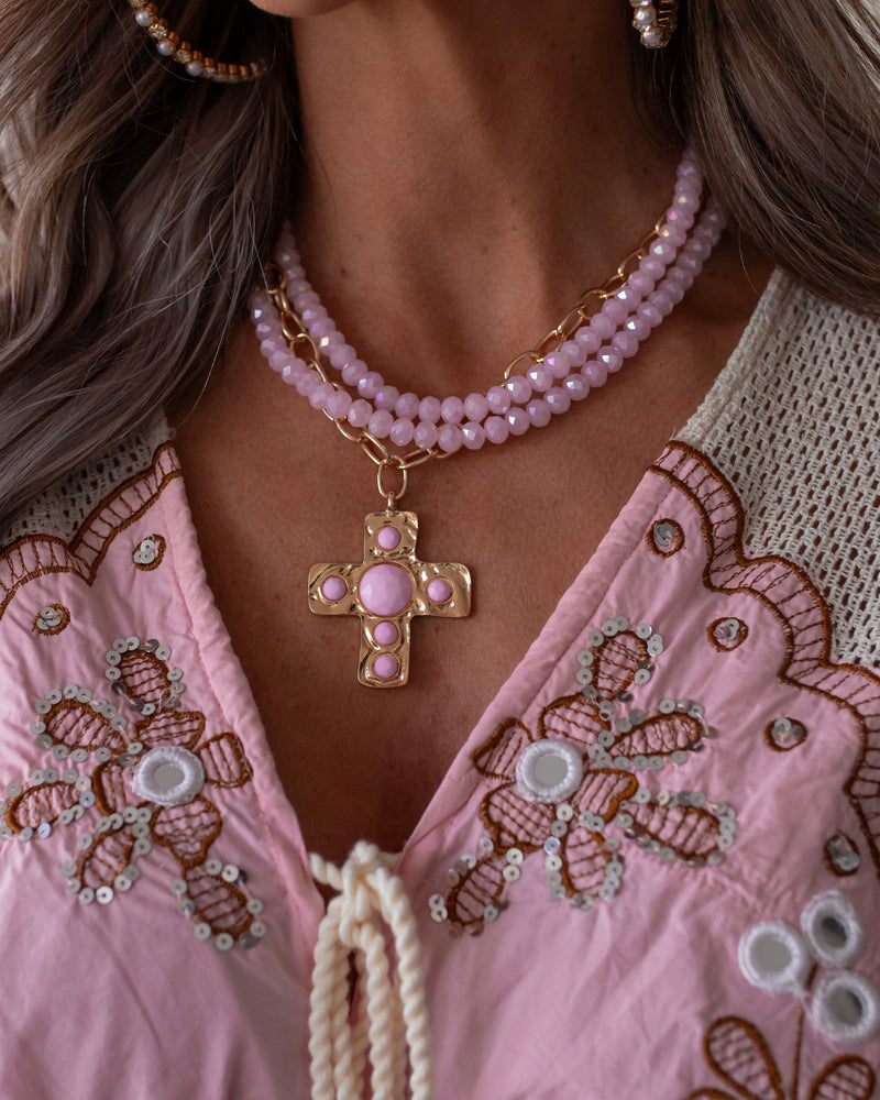Bead & Chain Cross Necklace - Light Pink