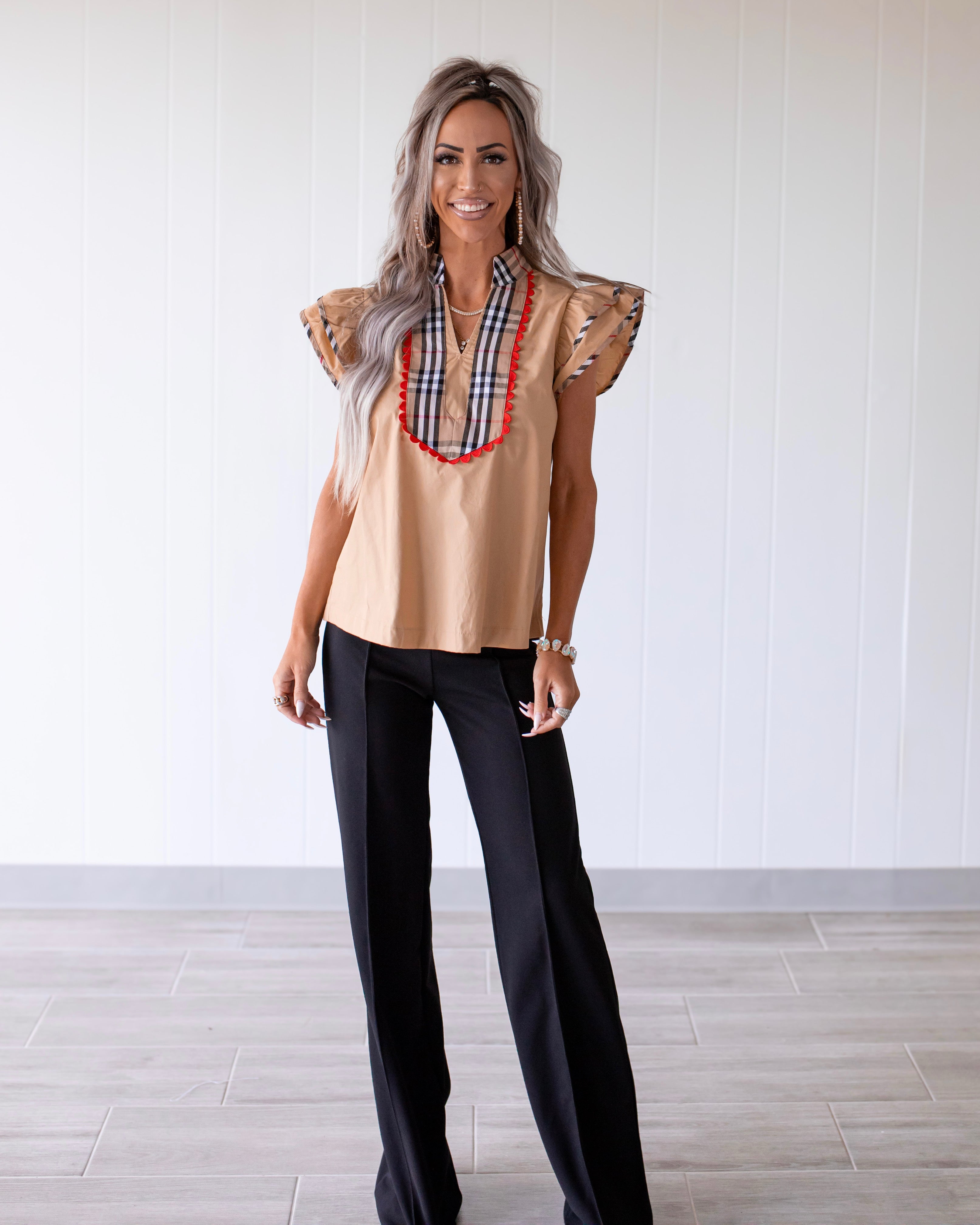 Plaid Contrast Accent Woven Top - Taupe