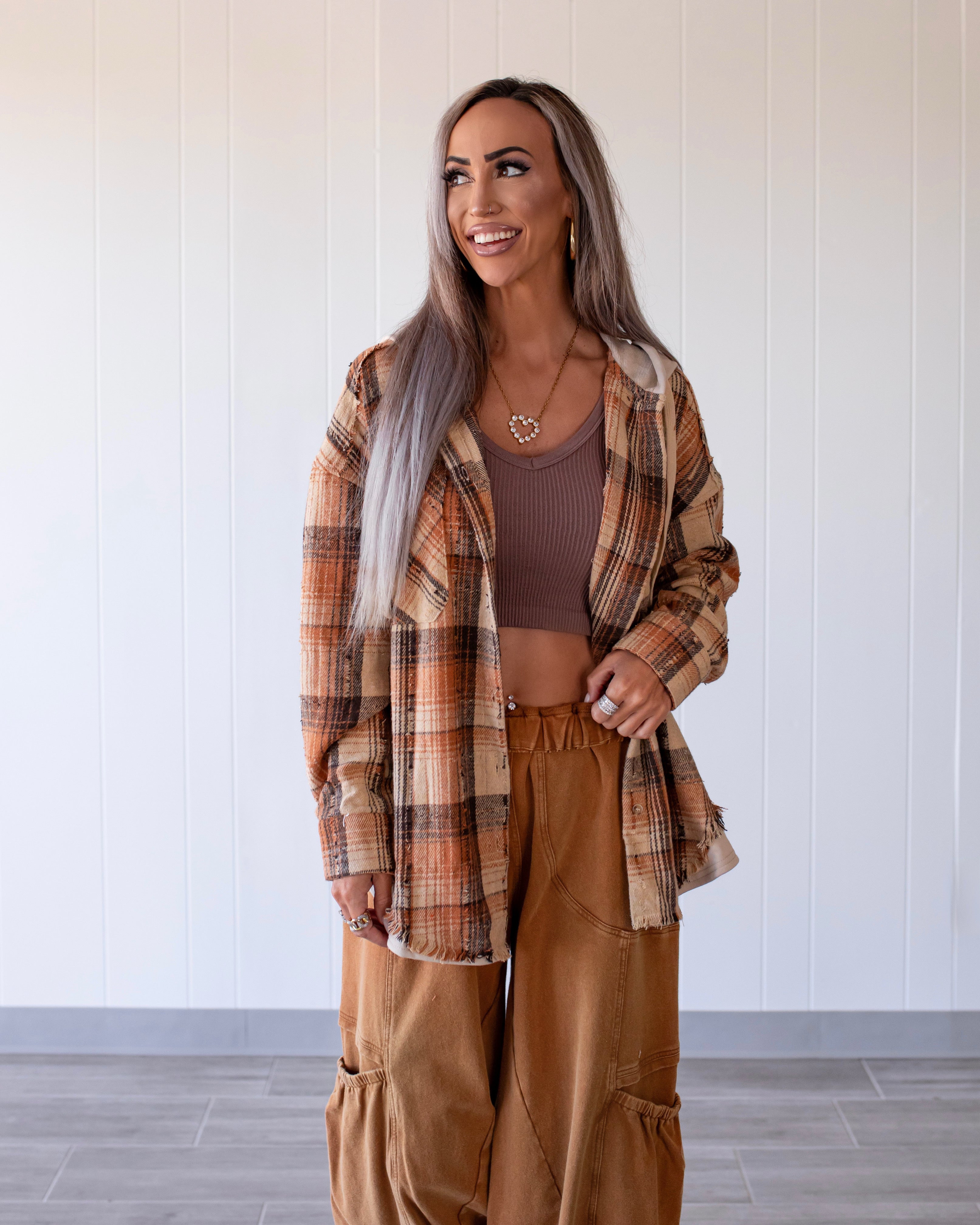 Cozy Cabin Hooded Flannel - Caramel