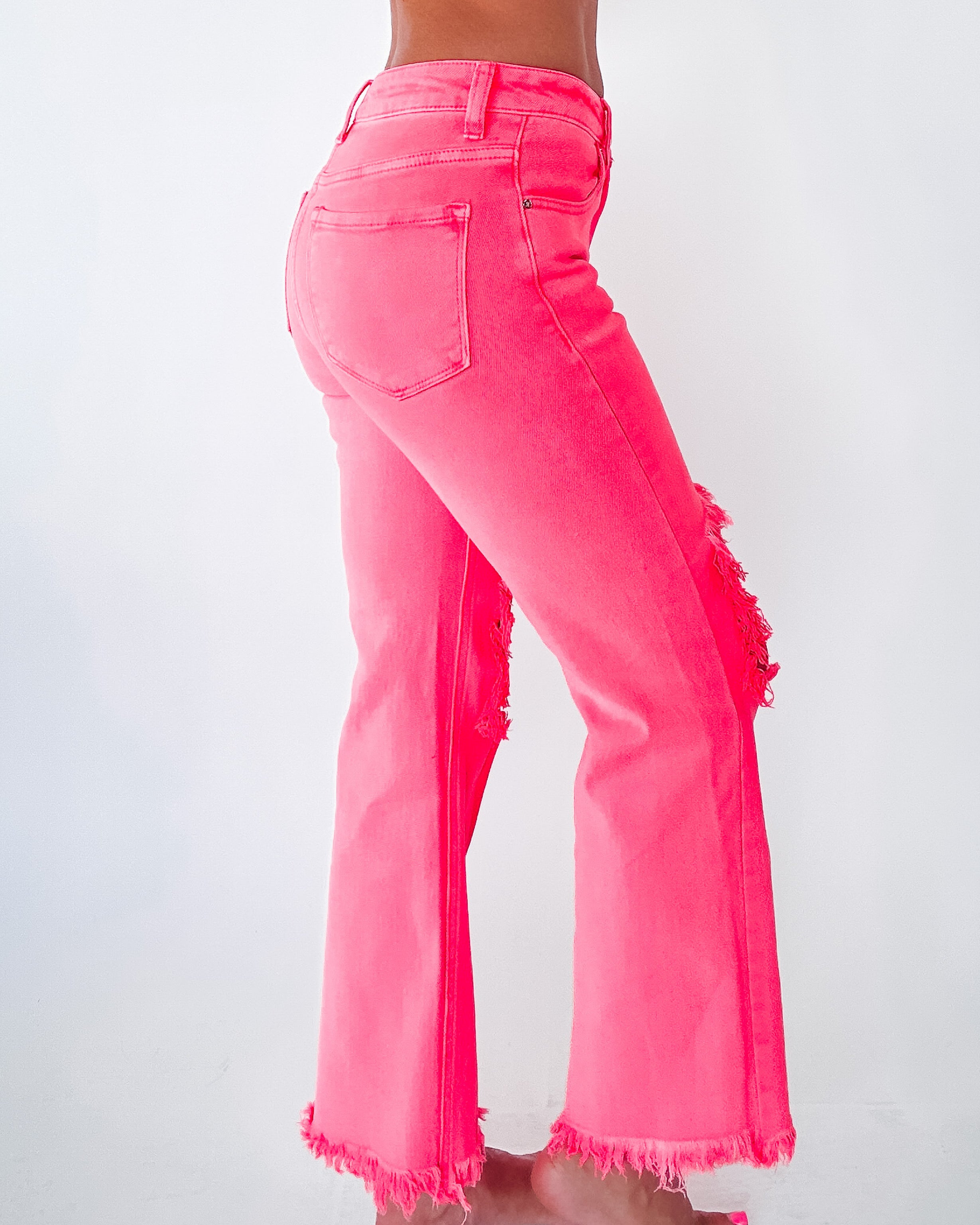 Jessie High Rise Distressed Jeans - Neon Coral