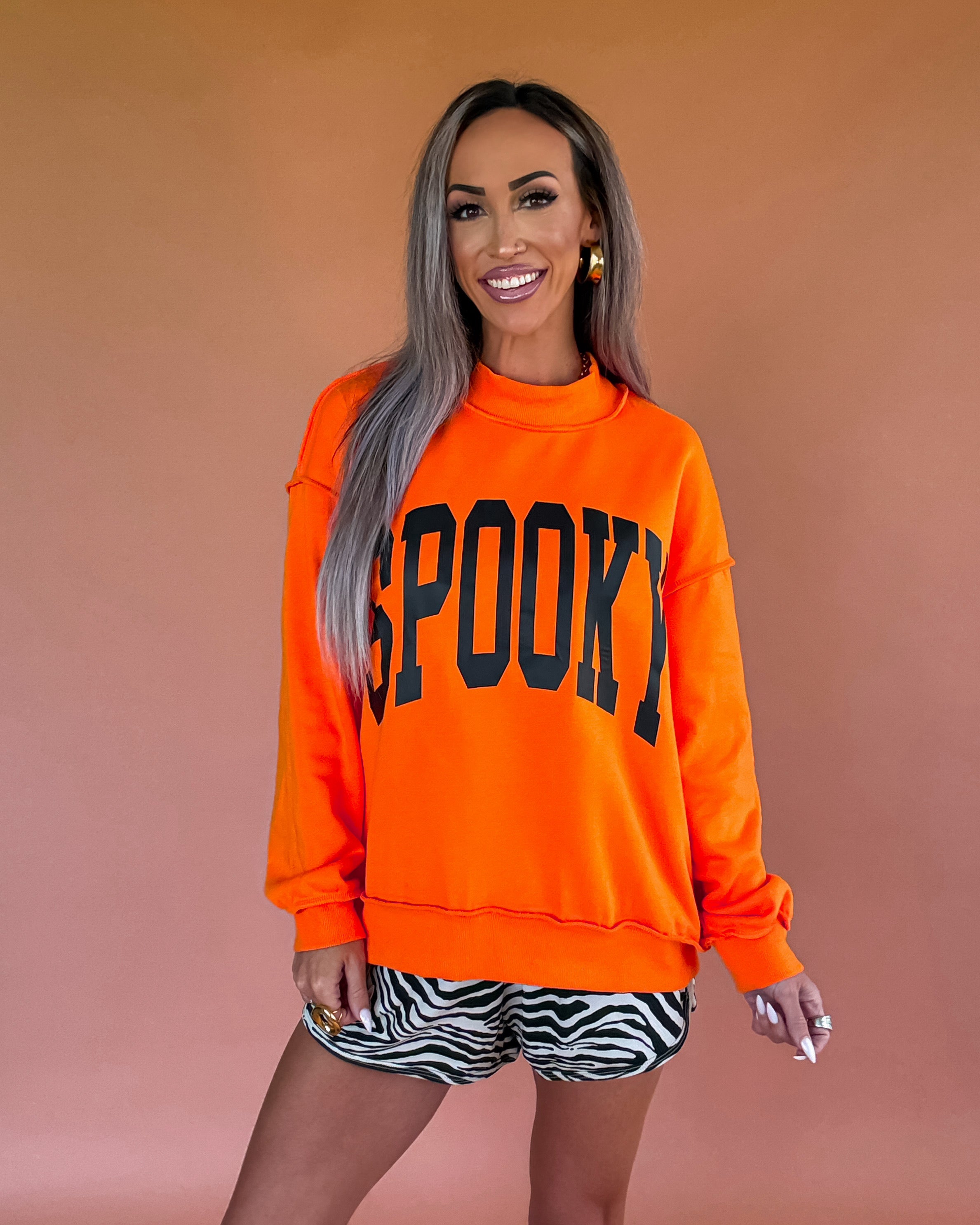 Spooky Graphic Mock Neck Sweatshirt - Orange
