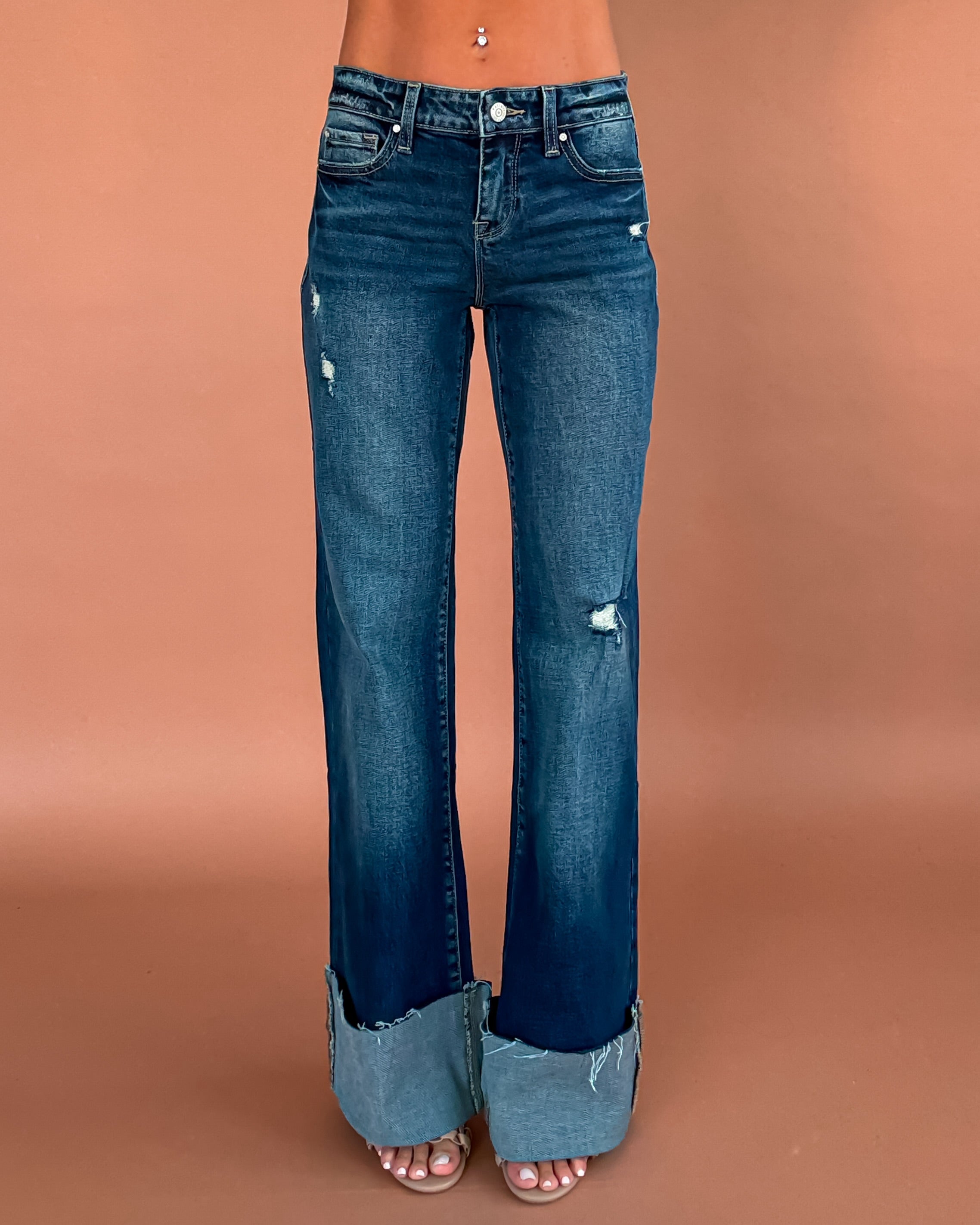 Nina Flare Cuffed Hem Jeans - Dark Wash