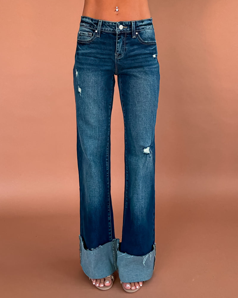 Nina Flare Cuffed Hem Jeans - Dark Wash