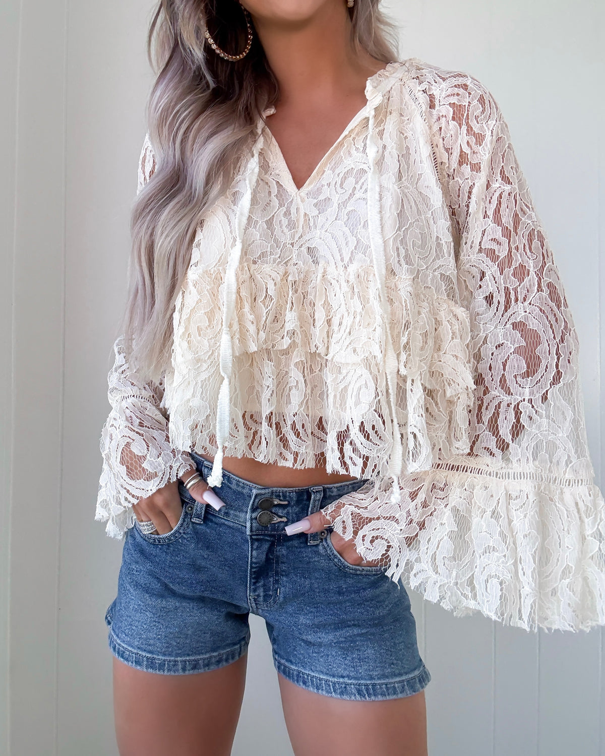 Sweet Sentiment Lace Bell Sleeve Ruffle Top - Ivory | Bar T Boutique LLC