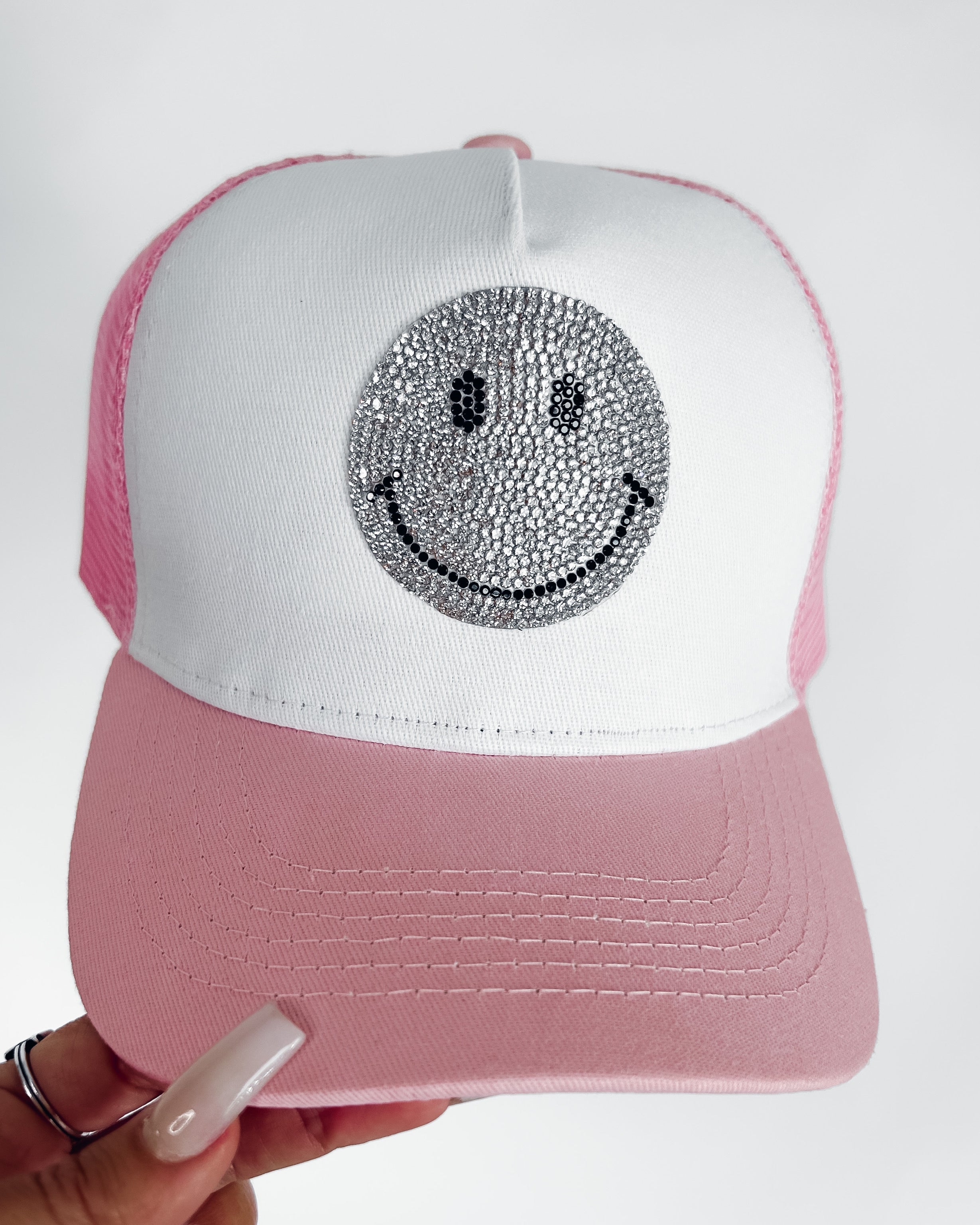 Smiley Rhinestone Trucker Hat- Pink/White