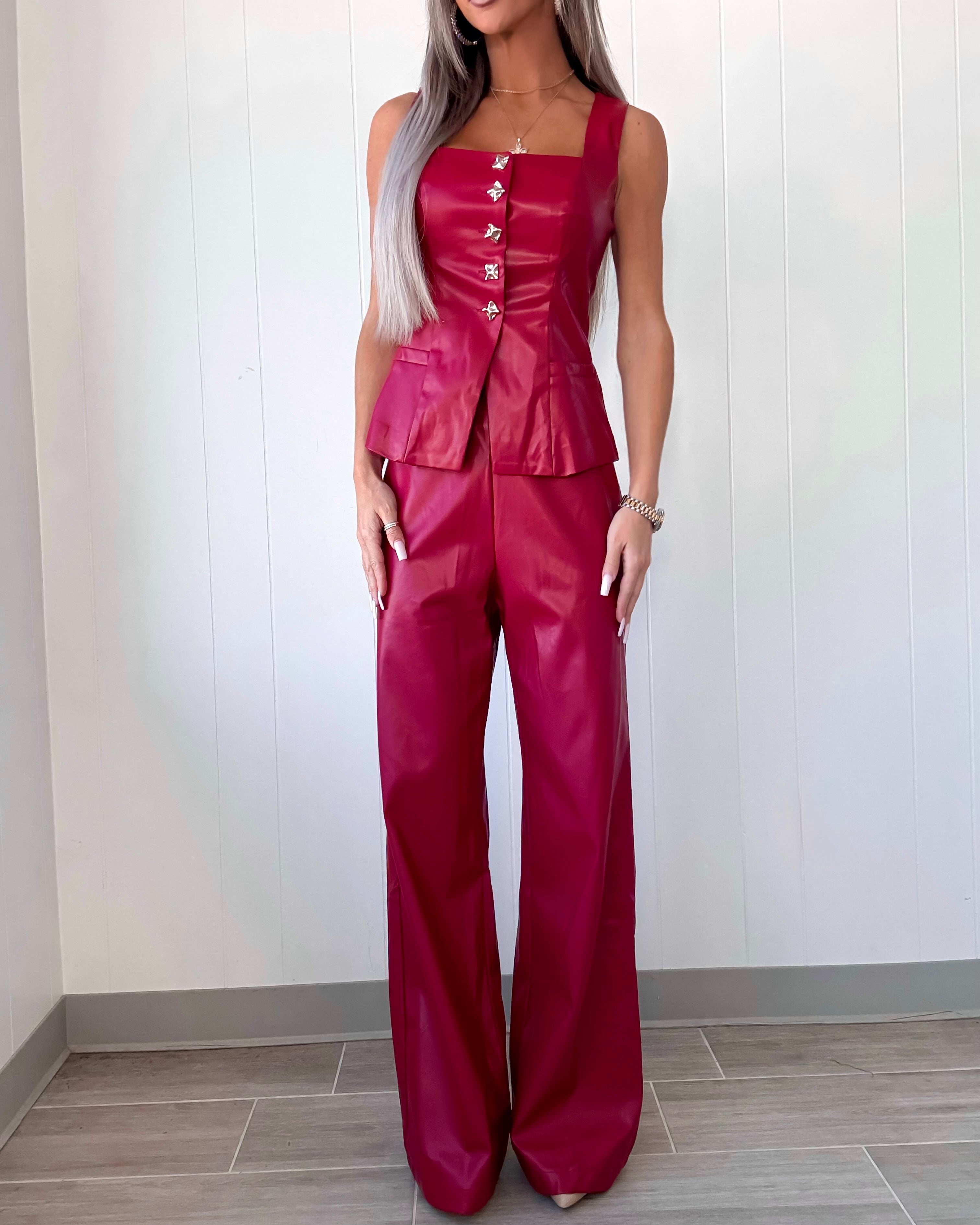 Edge Theory Faux Leather Pants Set - Red