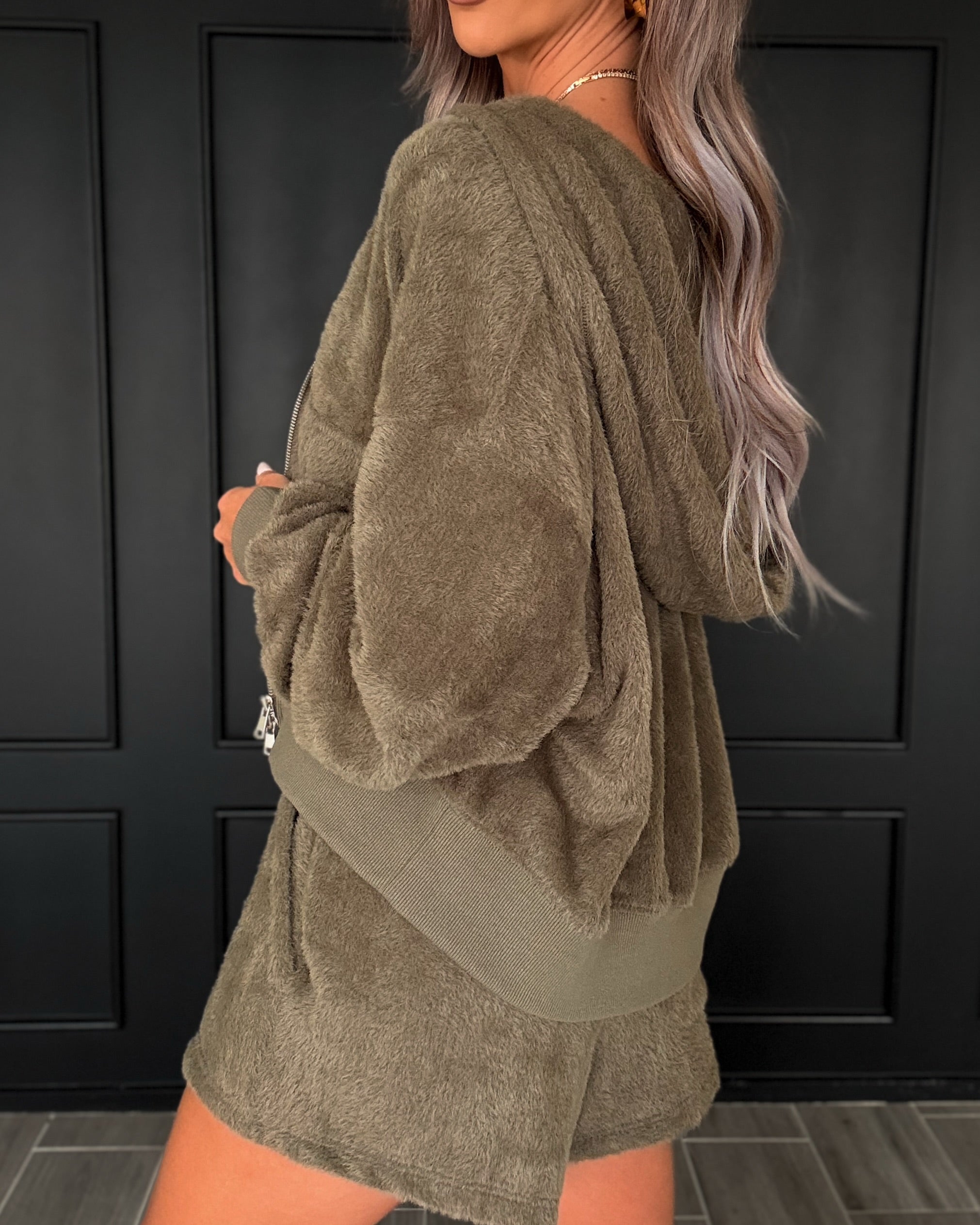 Olive Grove Fur Zip Up Hooded Sweater