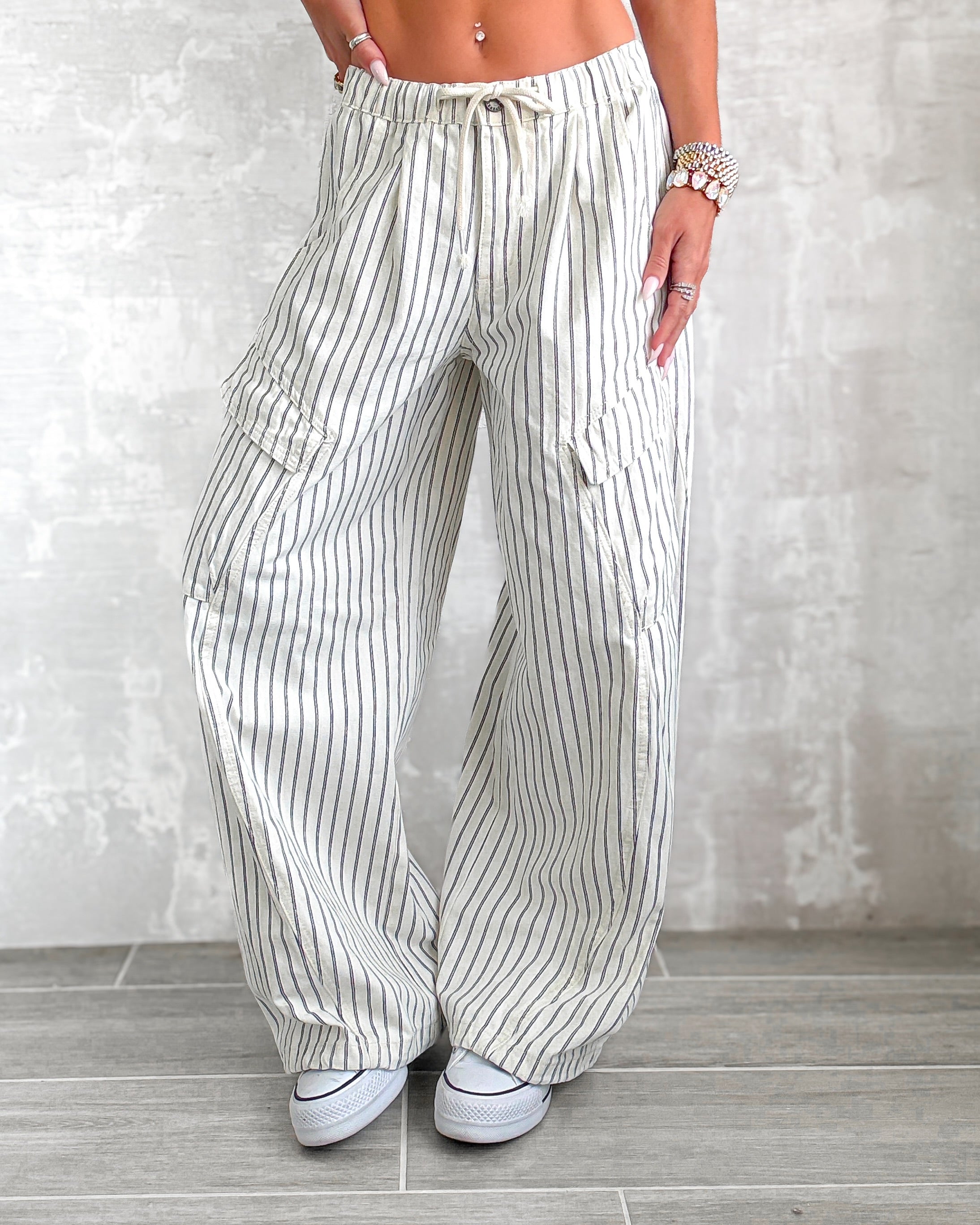 Easy Cargo Striped Pants - White/Navy
