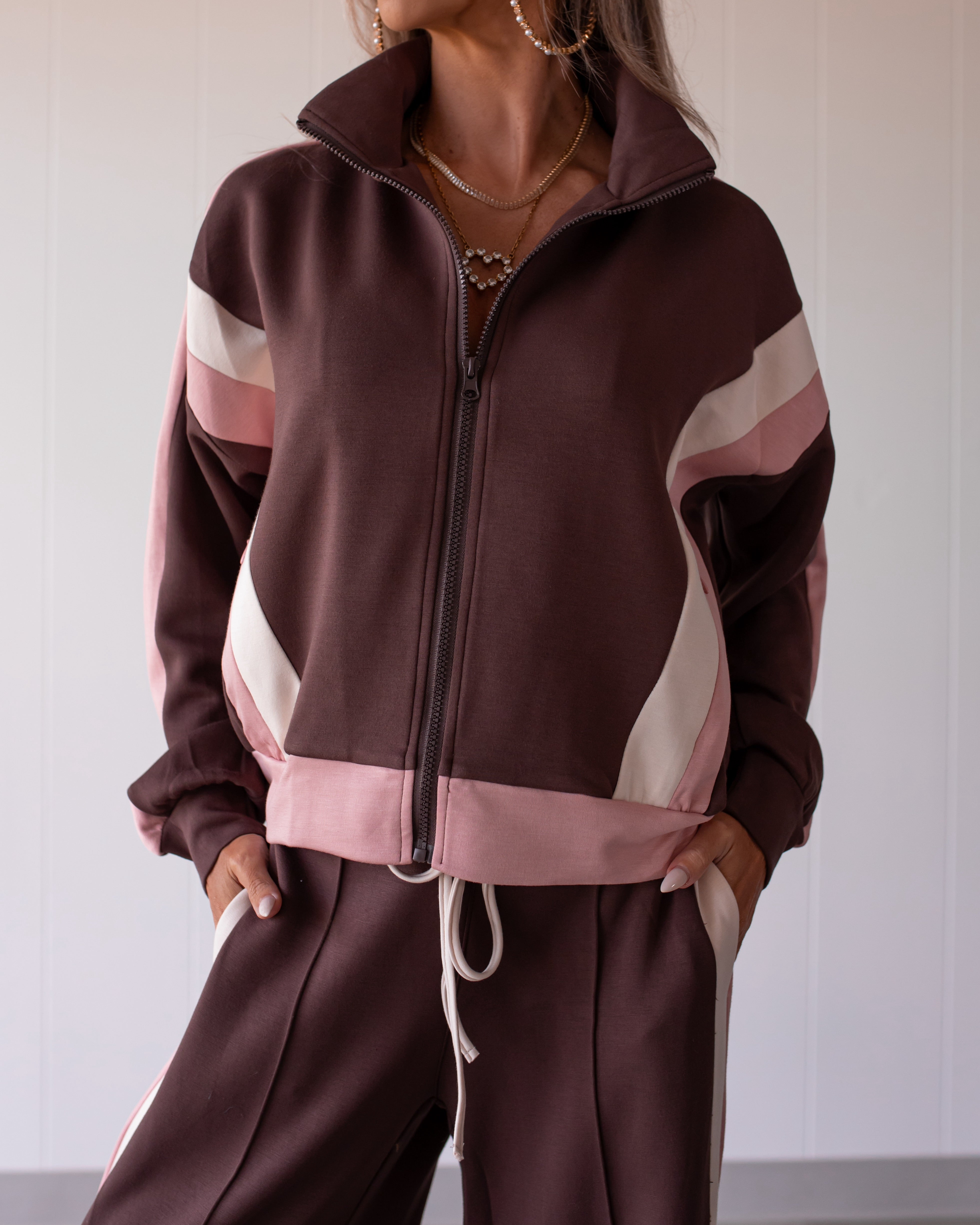 Latte Love Stripe Zip Up Jacket - Brown/Pink