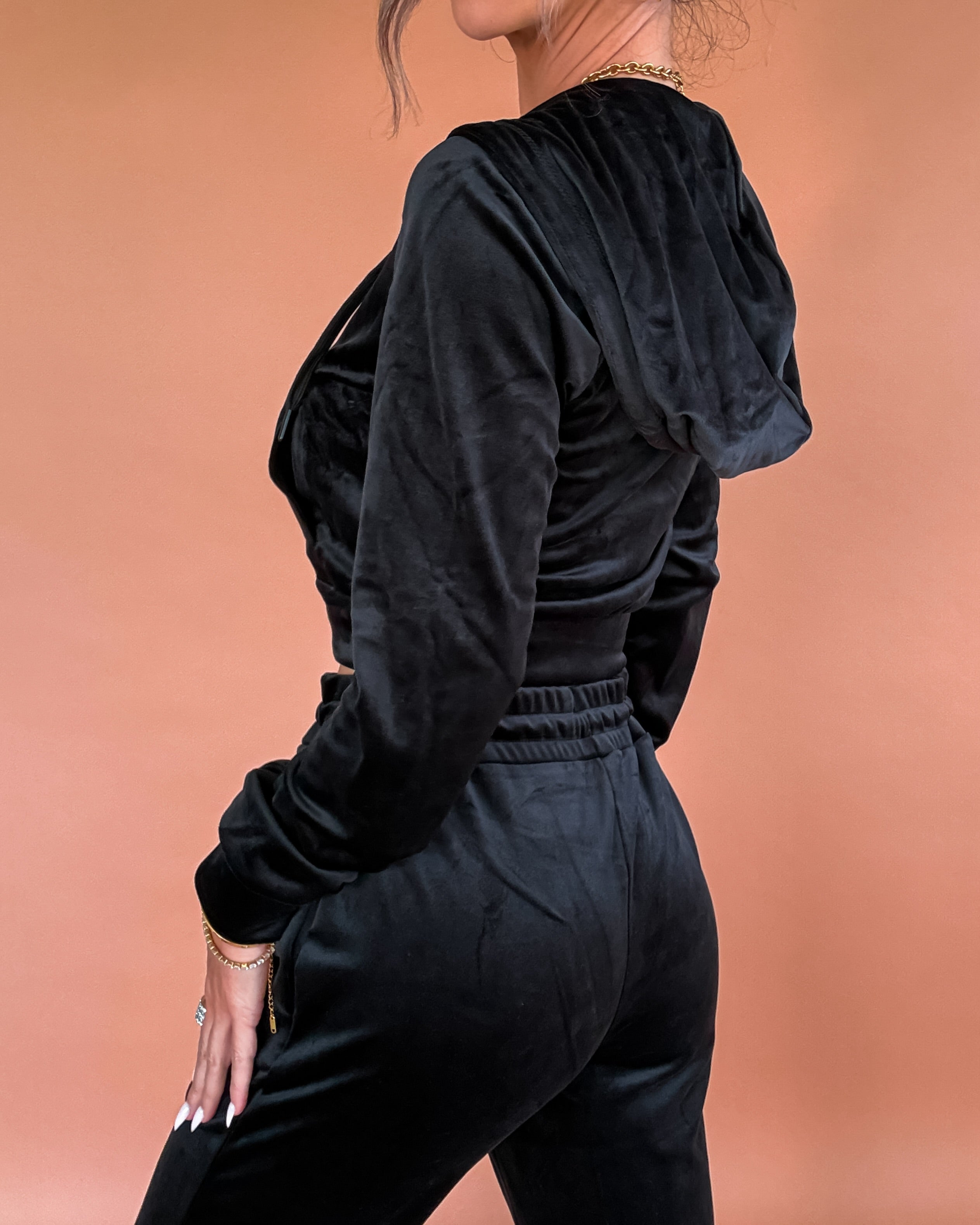 Plush Perfection Velour Zip Up Hoodie - Black