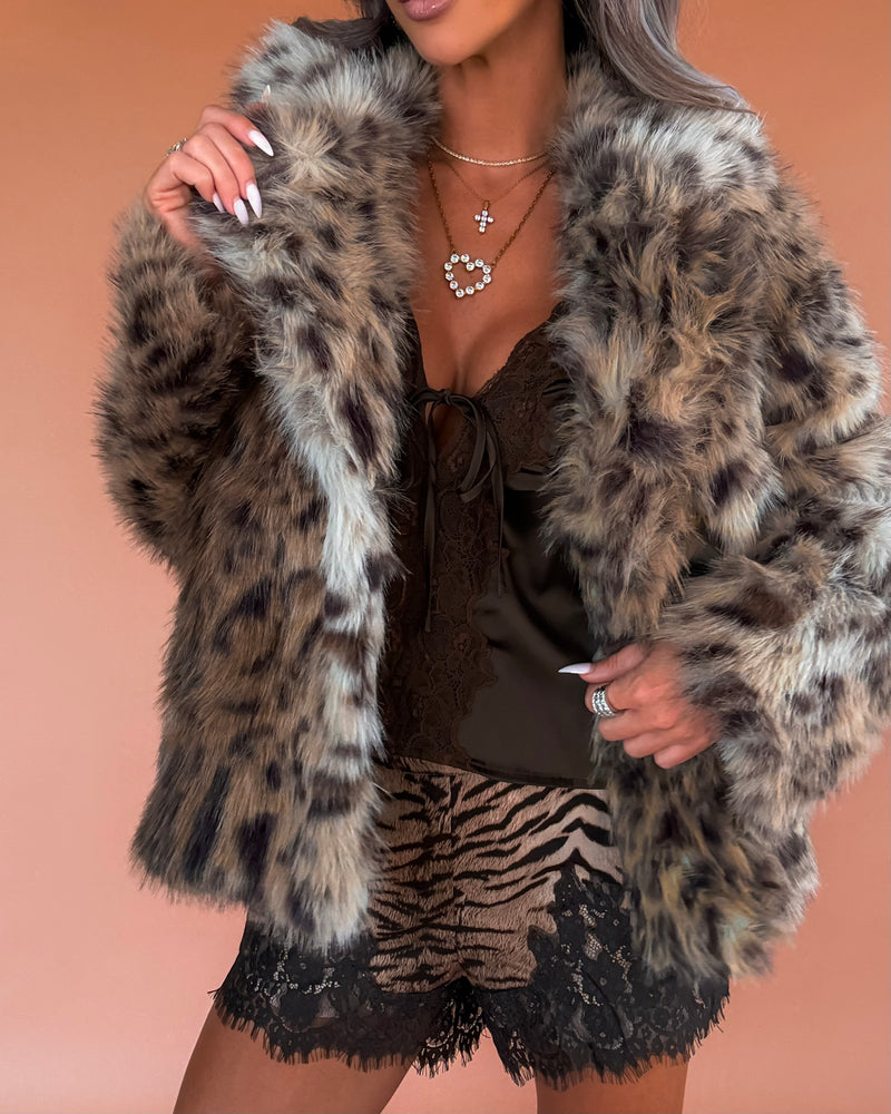 The Statement Faux Fur Spotted Jacket - Taupe Brown