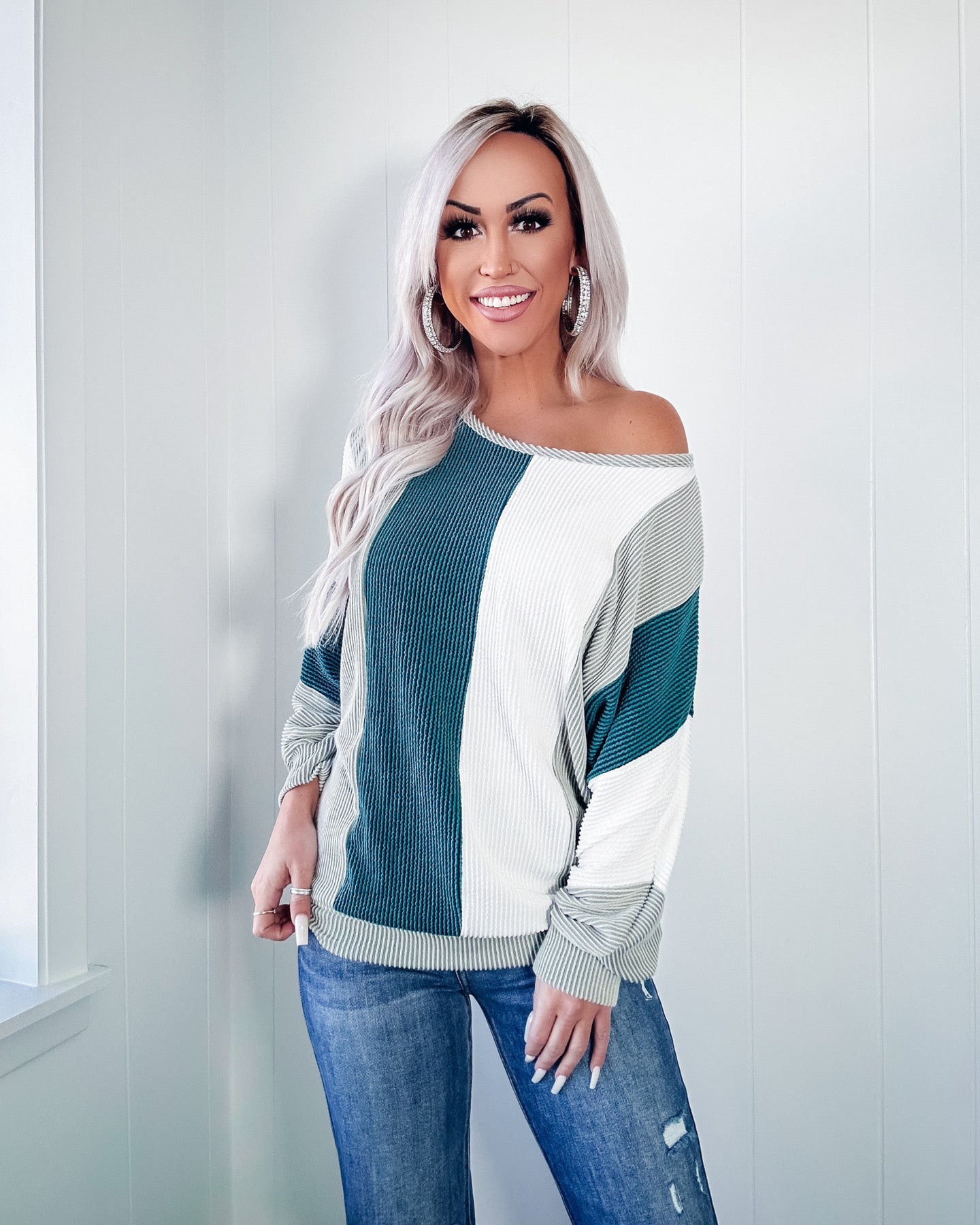 Times Up Striped Ribbed Dolman - Teal