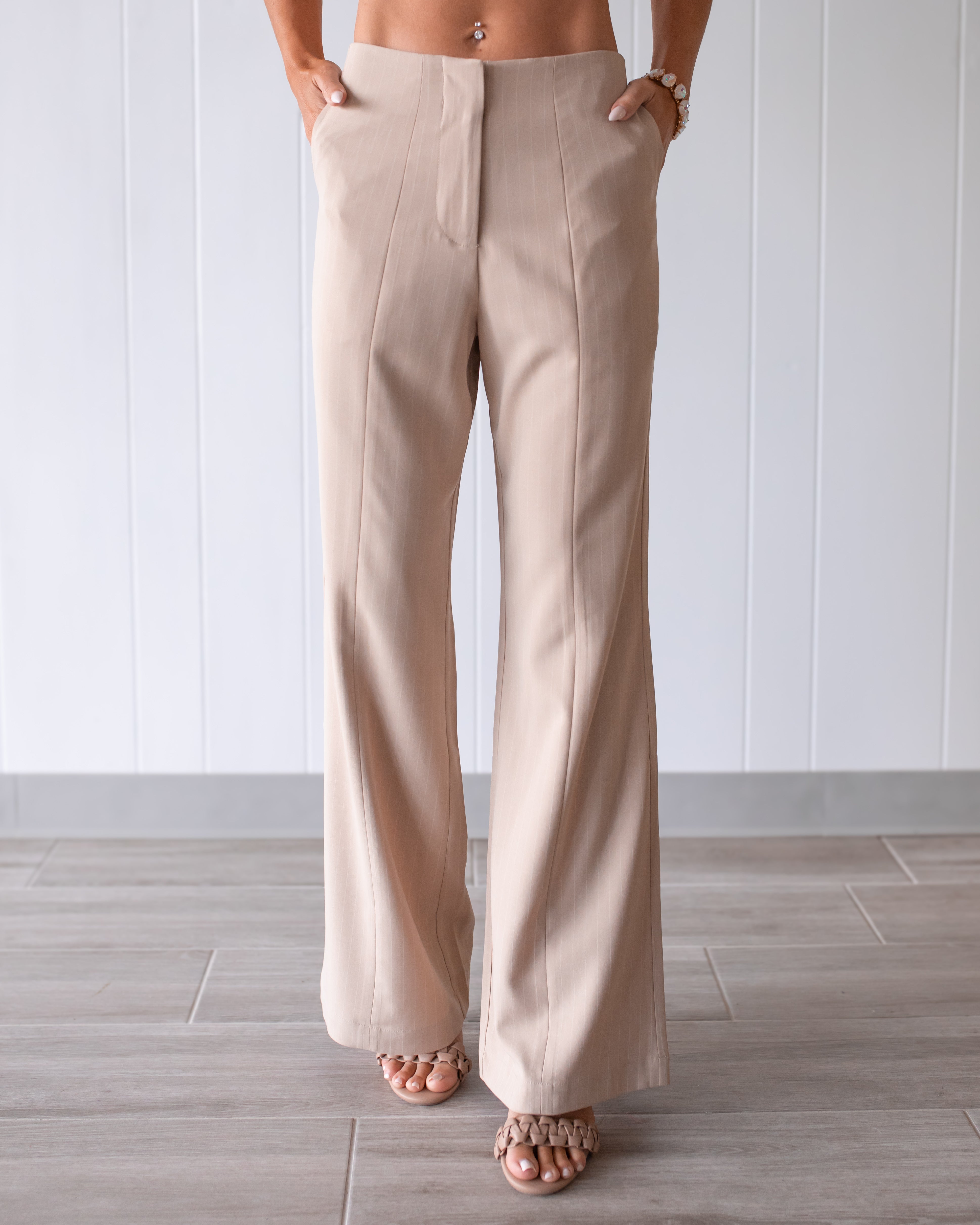 Valencia Pinstripe Wide Leg Trousers - Taupe