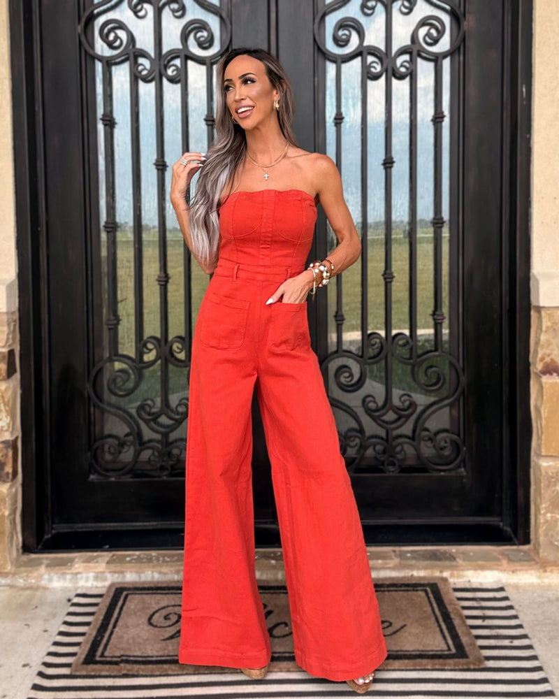 Hot Streak Tube Top Denim Jumpsuit - Terracota