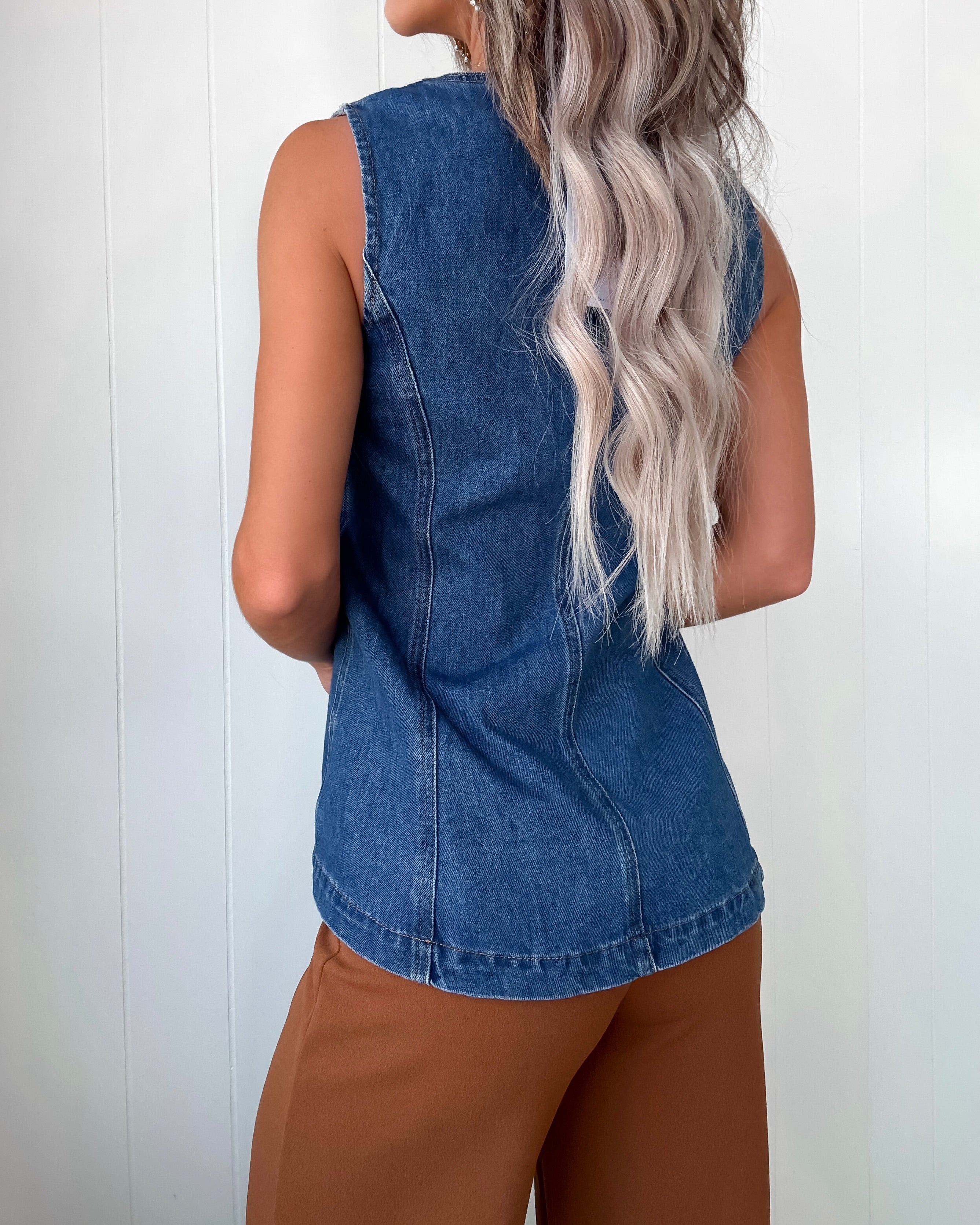 Gold Button Denim Vest - Medium Wash