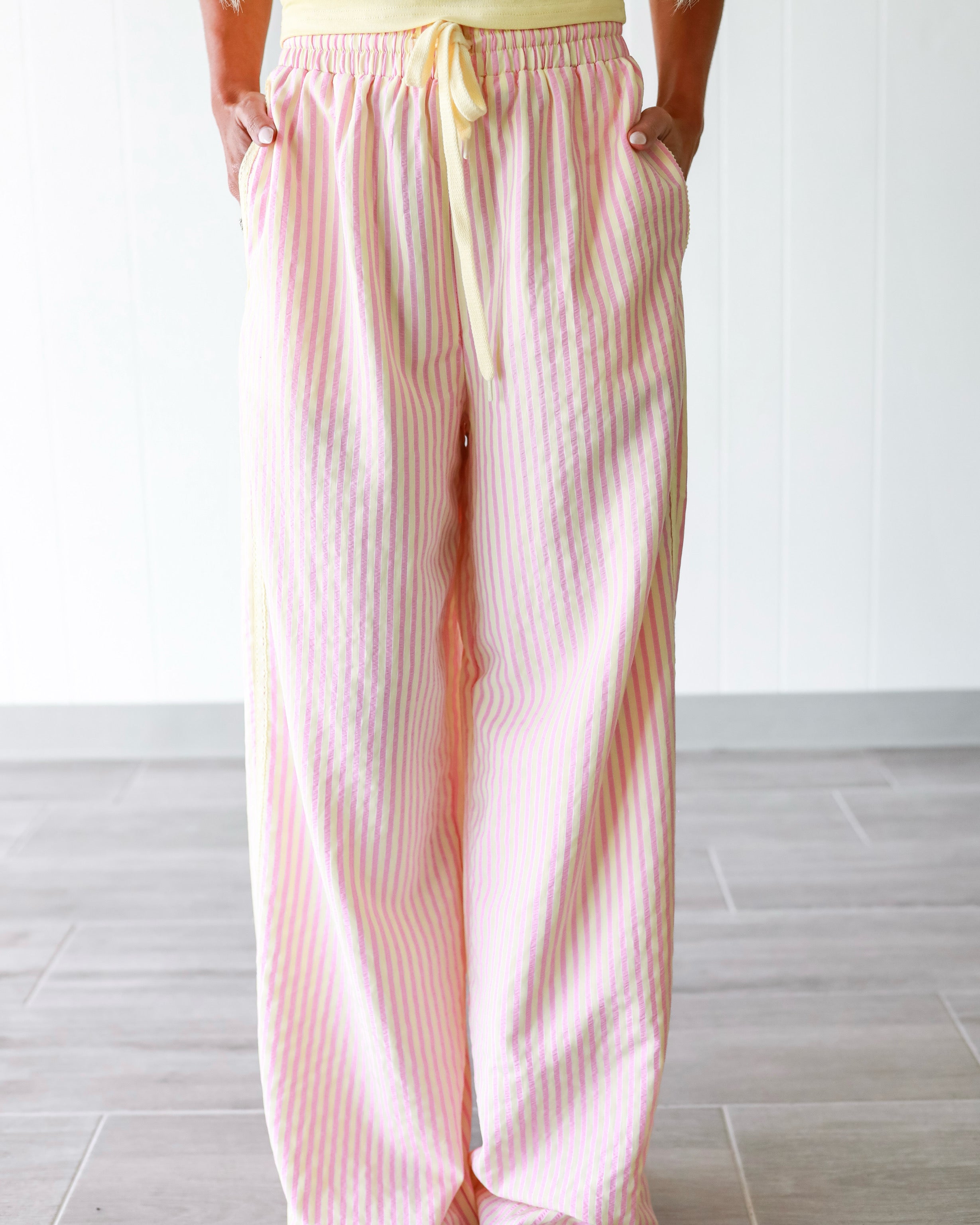 Lace Trim Statement Pants - Pink/Yellow