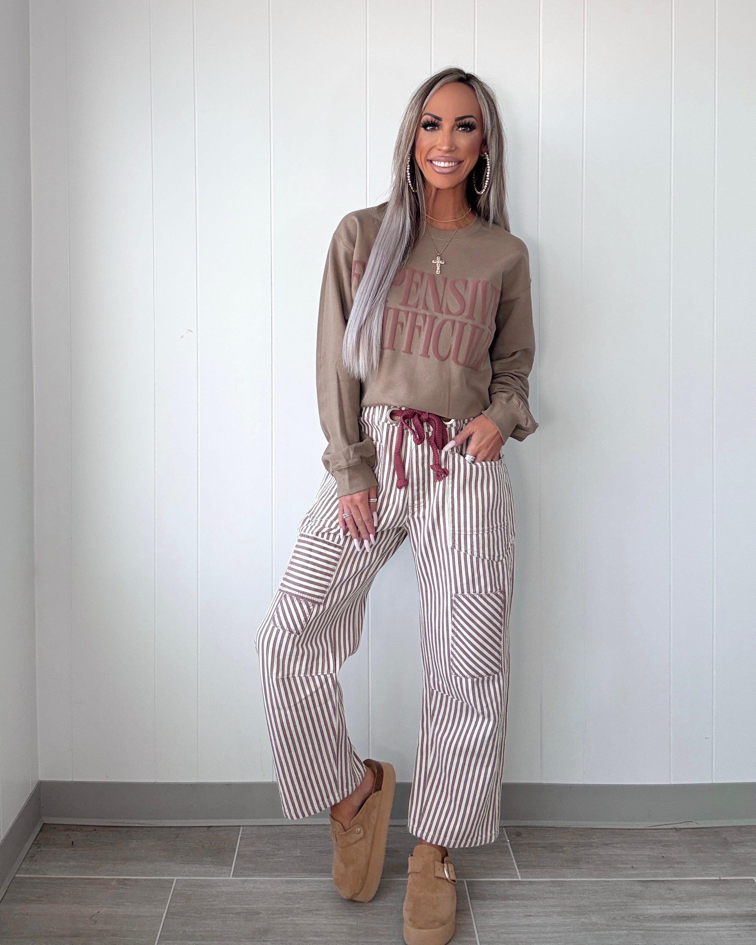 Claire Striped Twill Barrel Pants - Mocha Brown