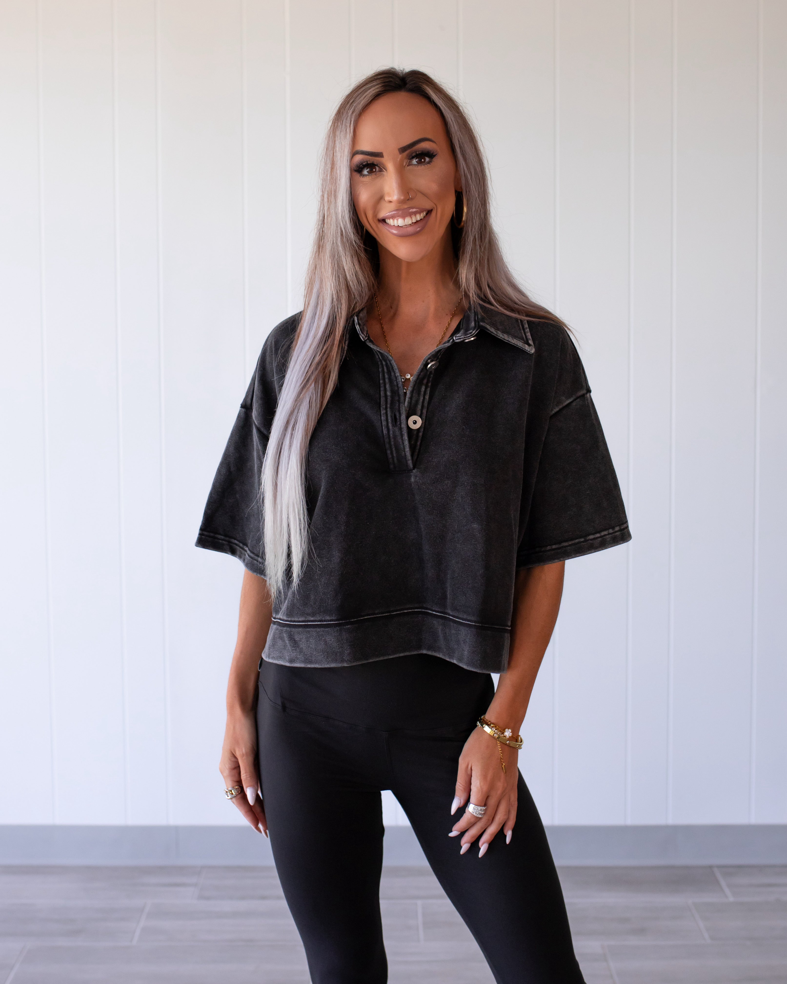 Modern Ease Cotton Terry Button Top - Black