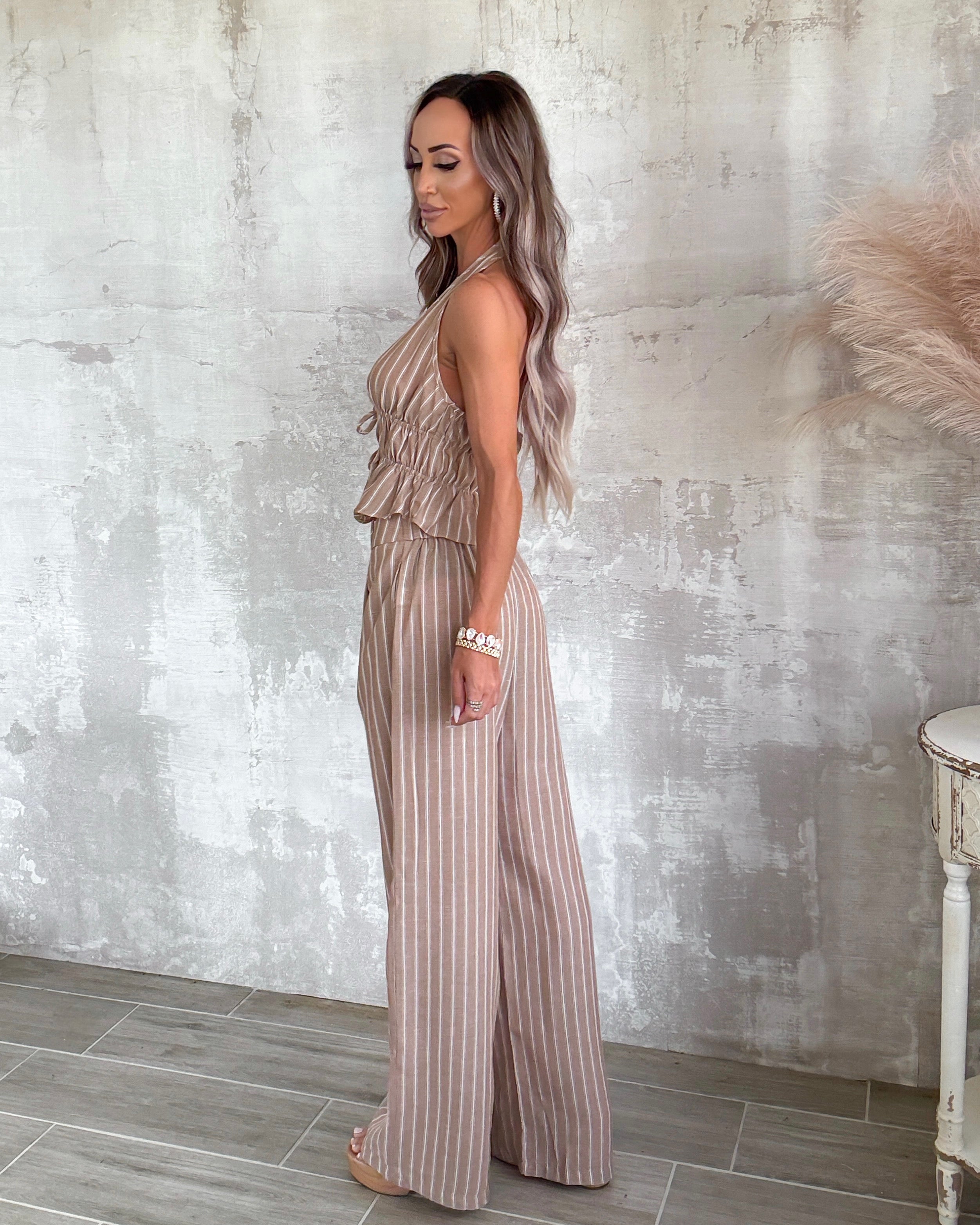 Delicate Detail Striped Pants Set - Mocha