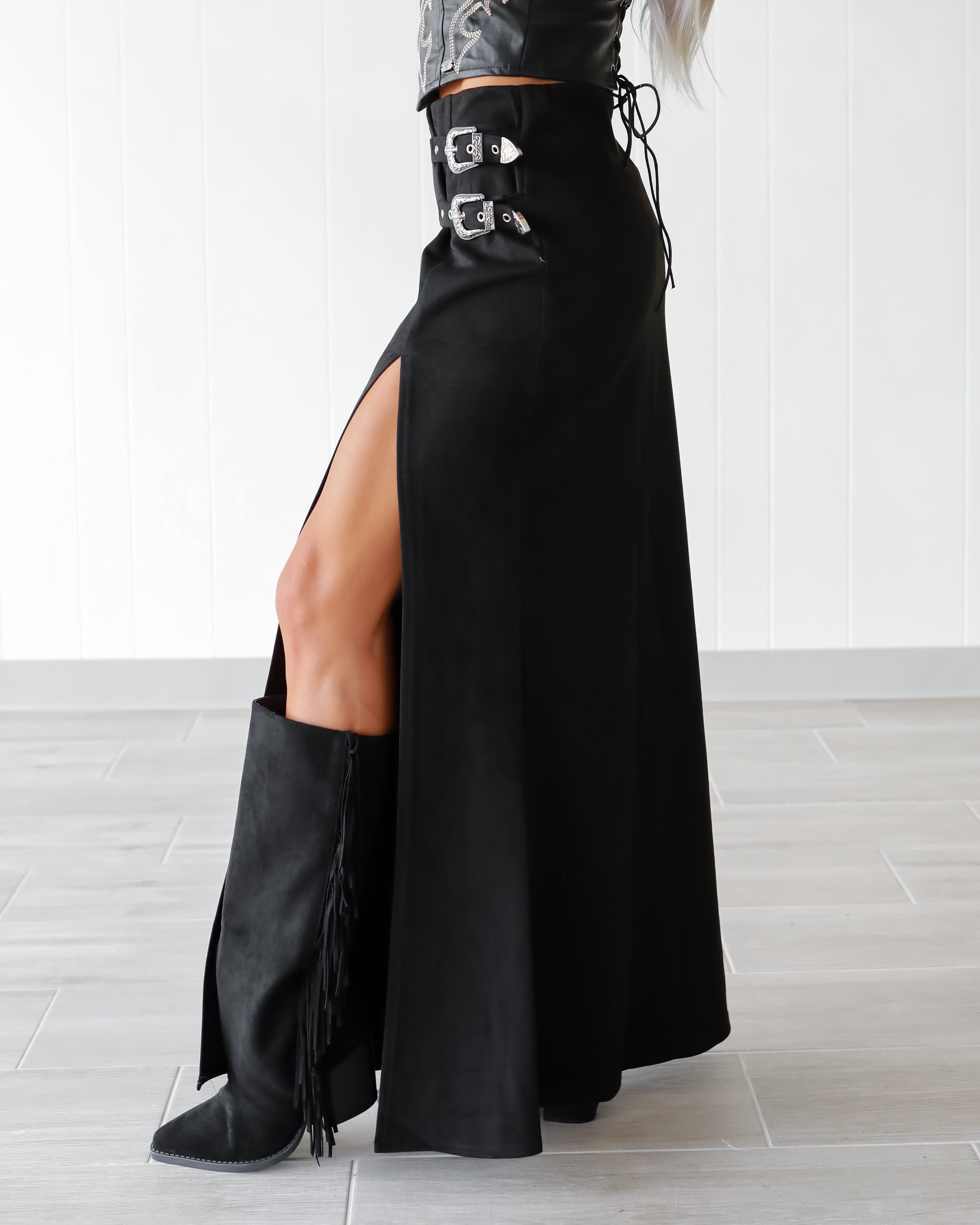 Risk Taker Buckle Suede Skirt - Black