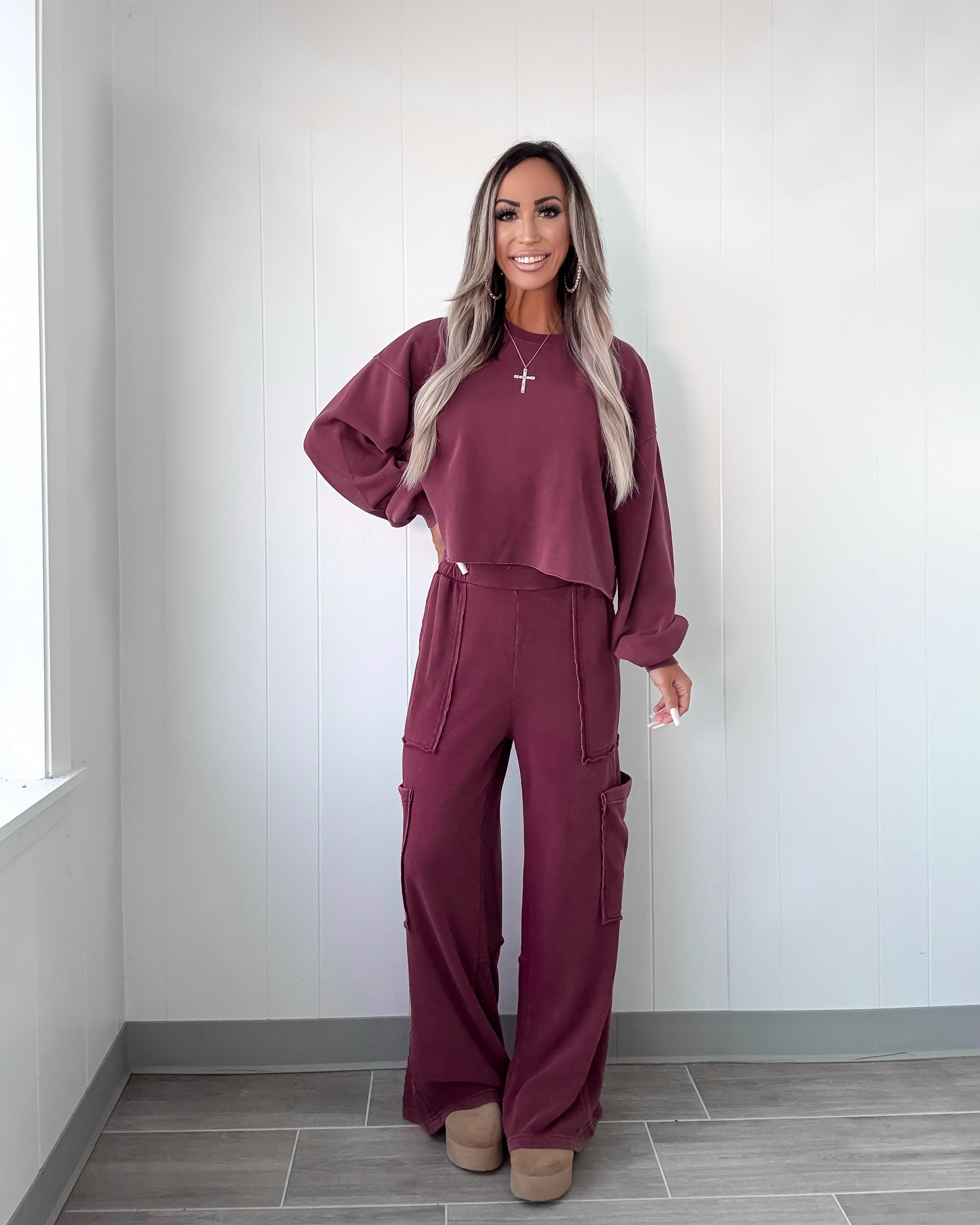 Urban Fray Crop Sweatshirt - Burgundy