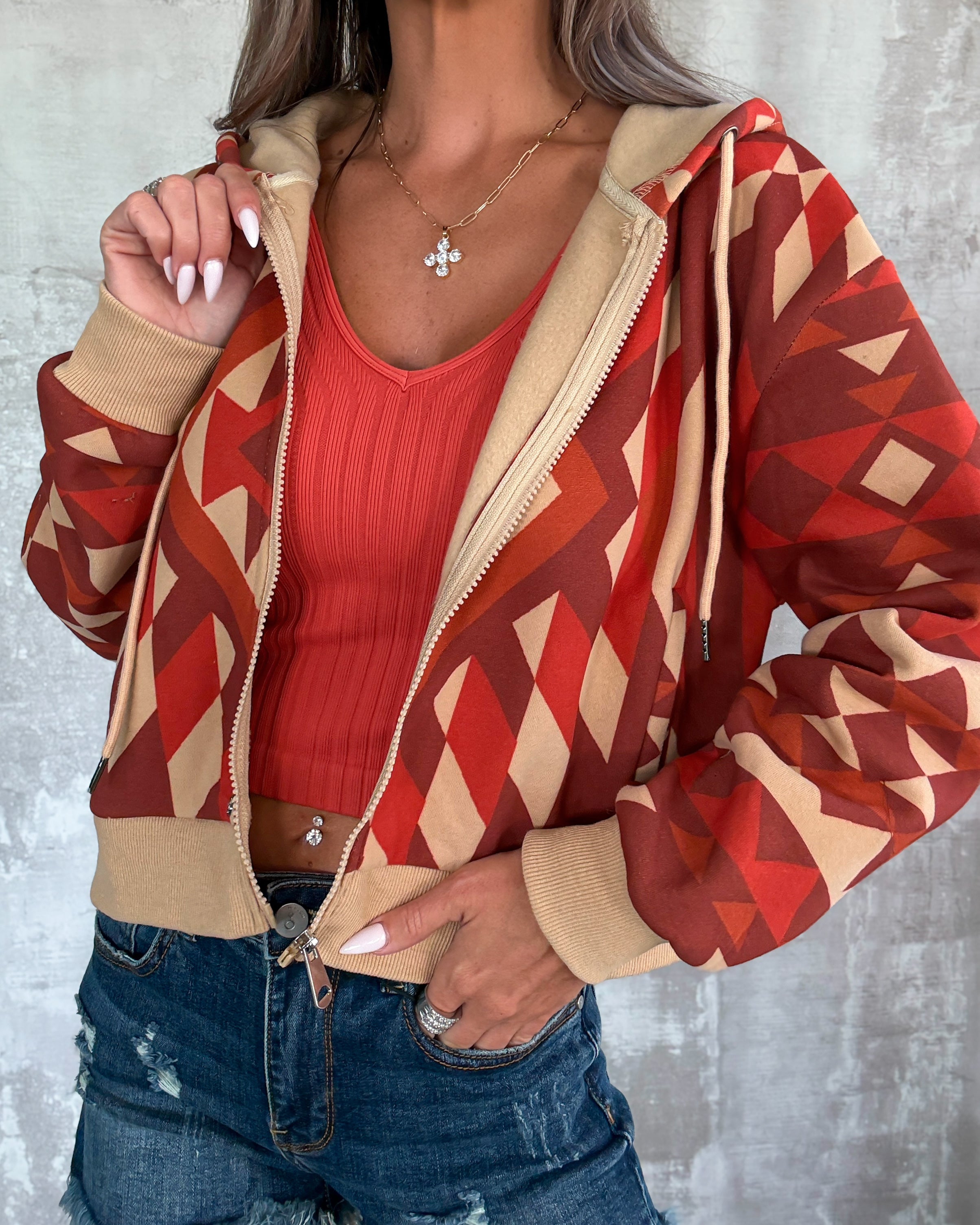 Spice & Stitch Zip-Up Crop Hoodie - Rust Aztec