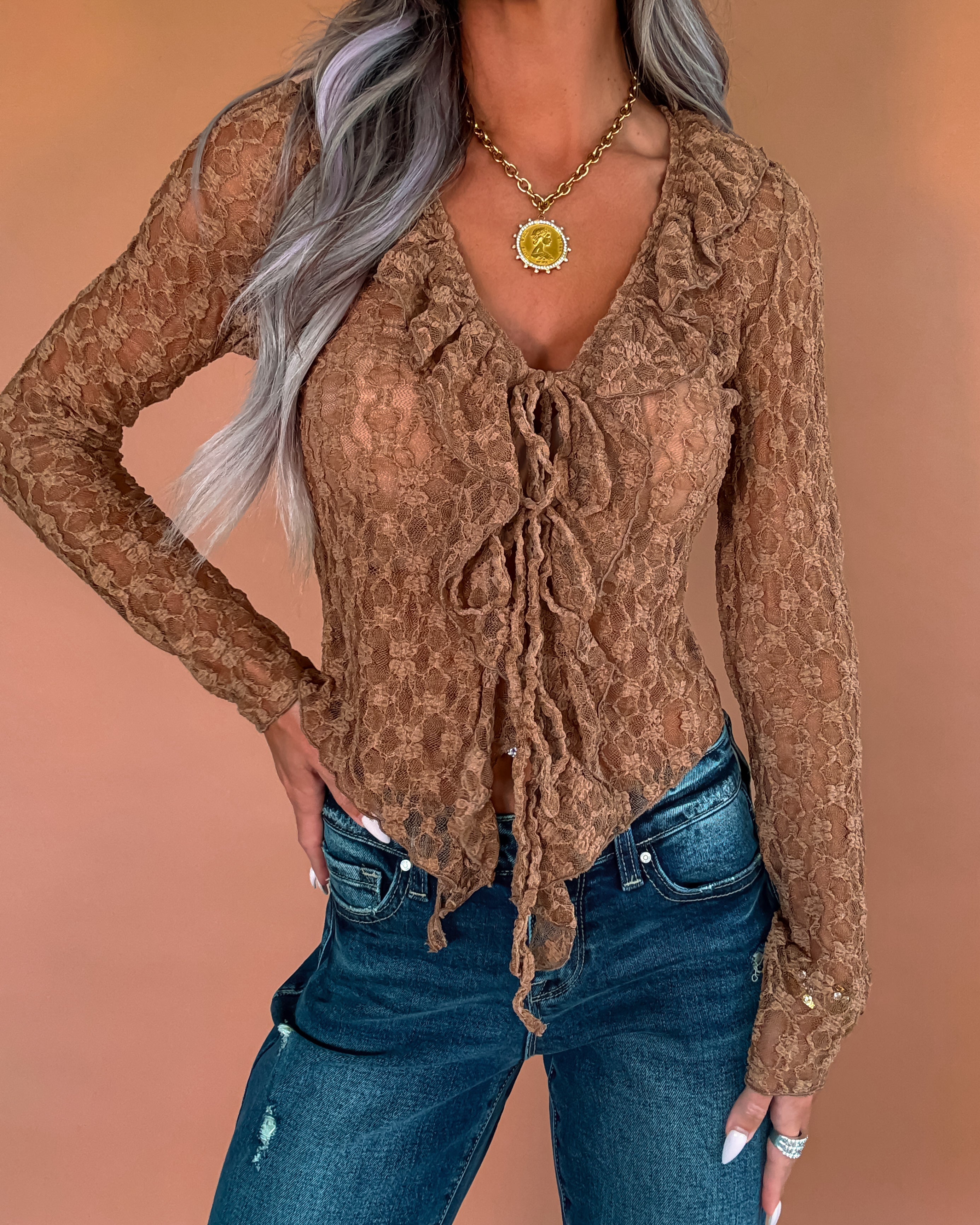 Lace Me Up Sheer Tie Top - Taupe