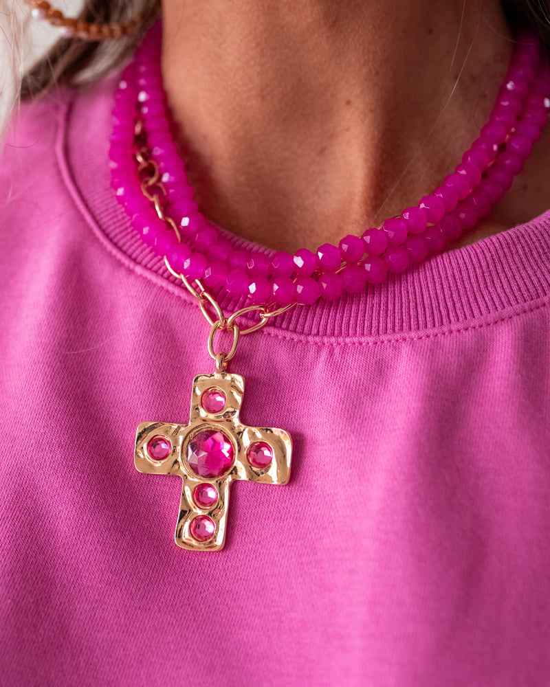 Bead & Chain Cross Necklace - Fuschia