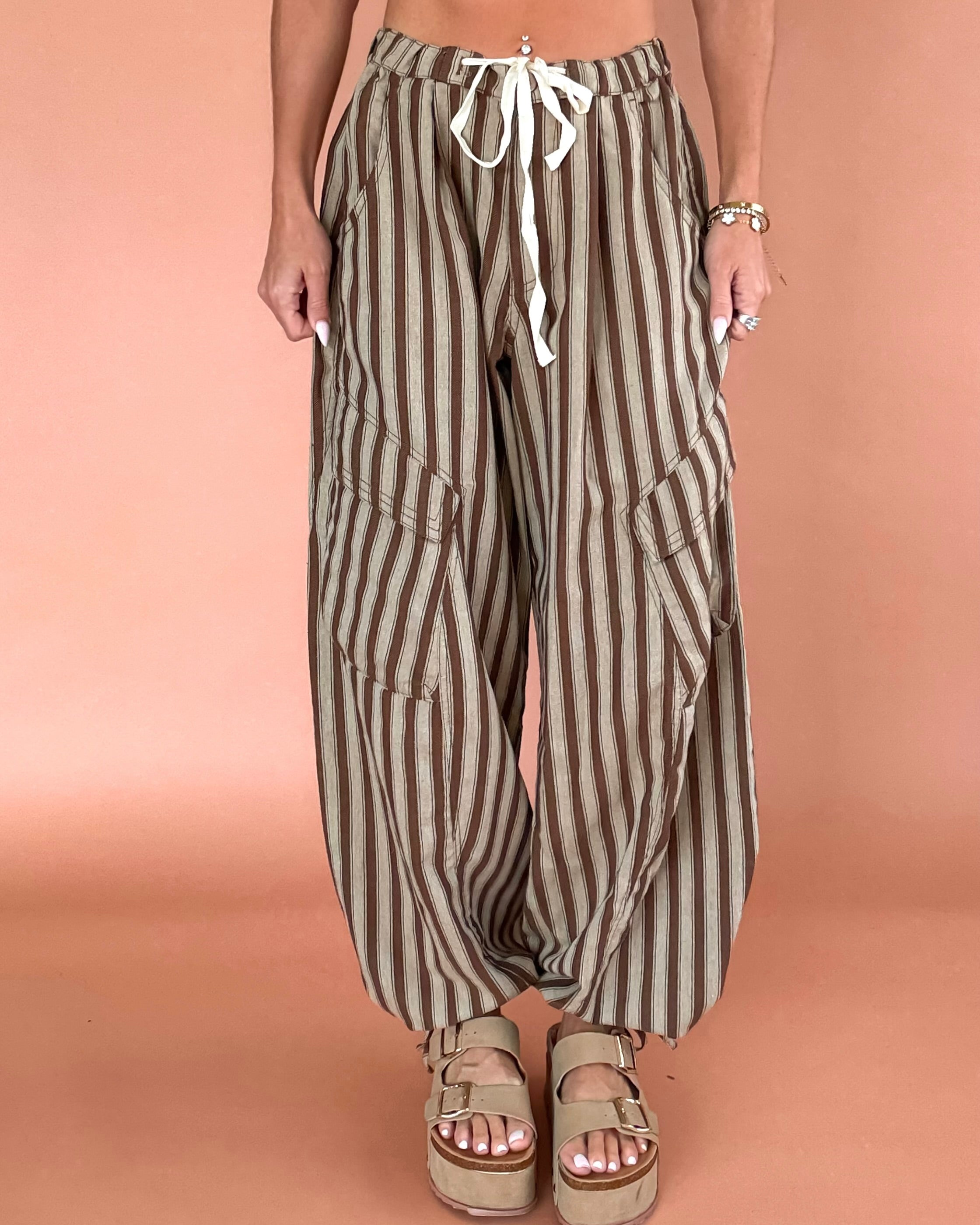 Chic Cargo Striped Wide Leg Pants - Taupe