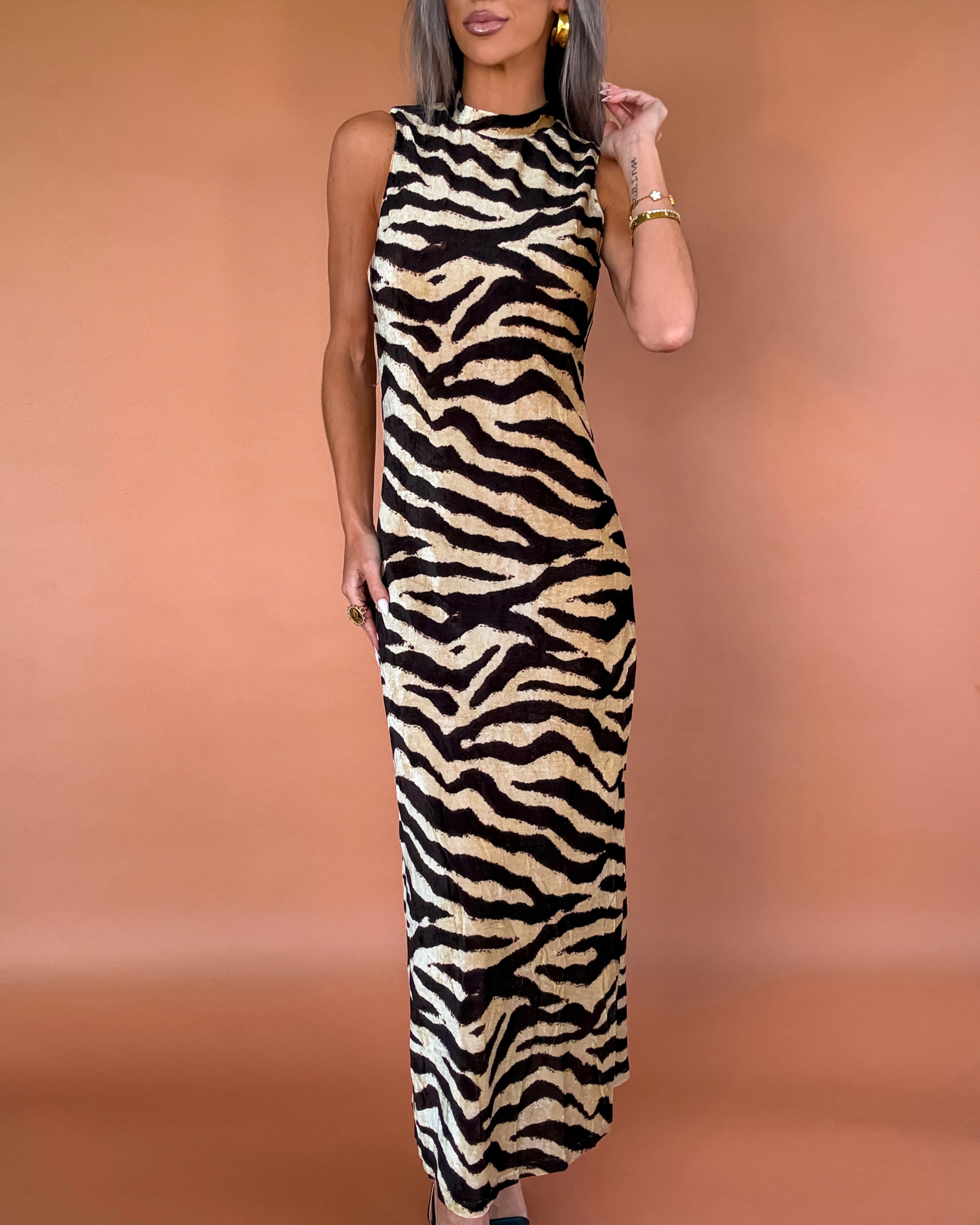Femme Stripes Zebra Brushed Maxi Dress - Taupe/Black