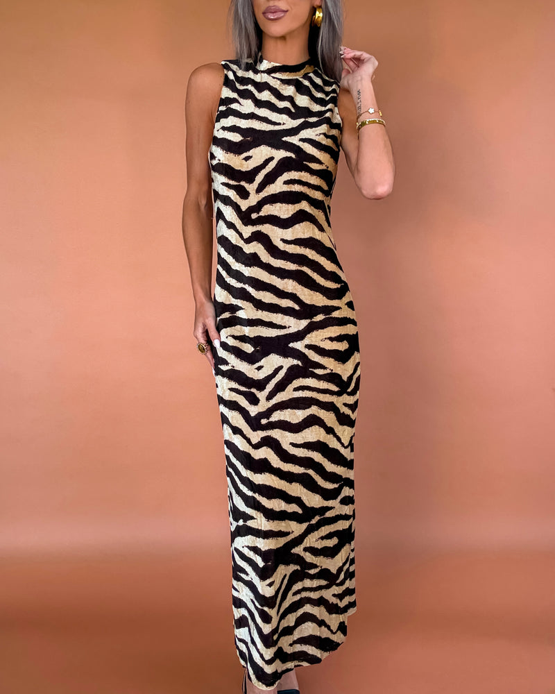 Femme Stripes Zebra Brushed Maxi Dress - Taupe/Black