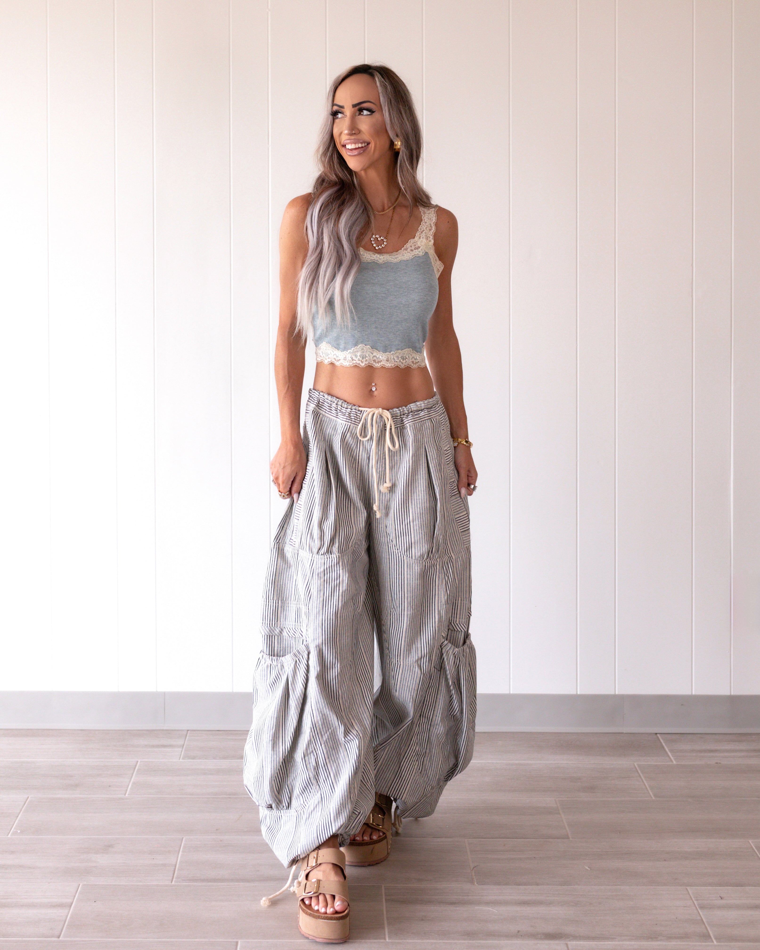 Ribbon & Run Parachute Pants - Natural/Denim
