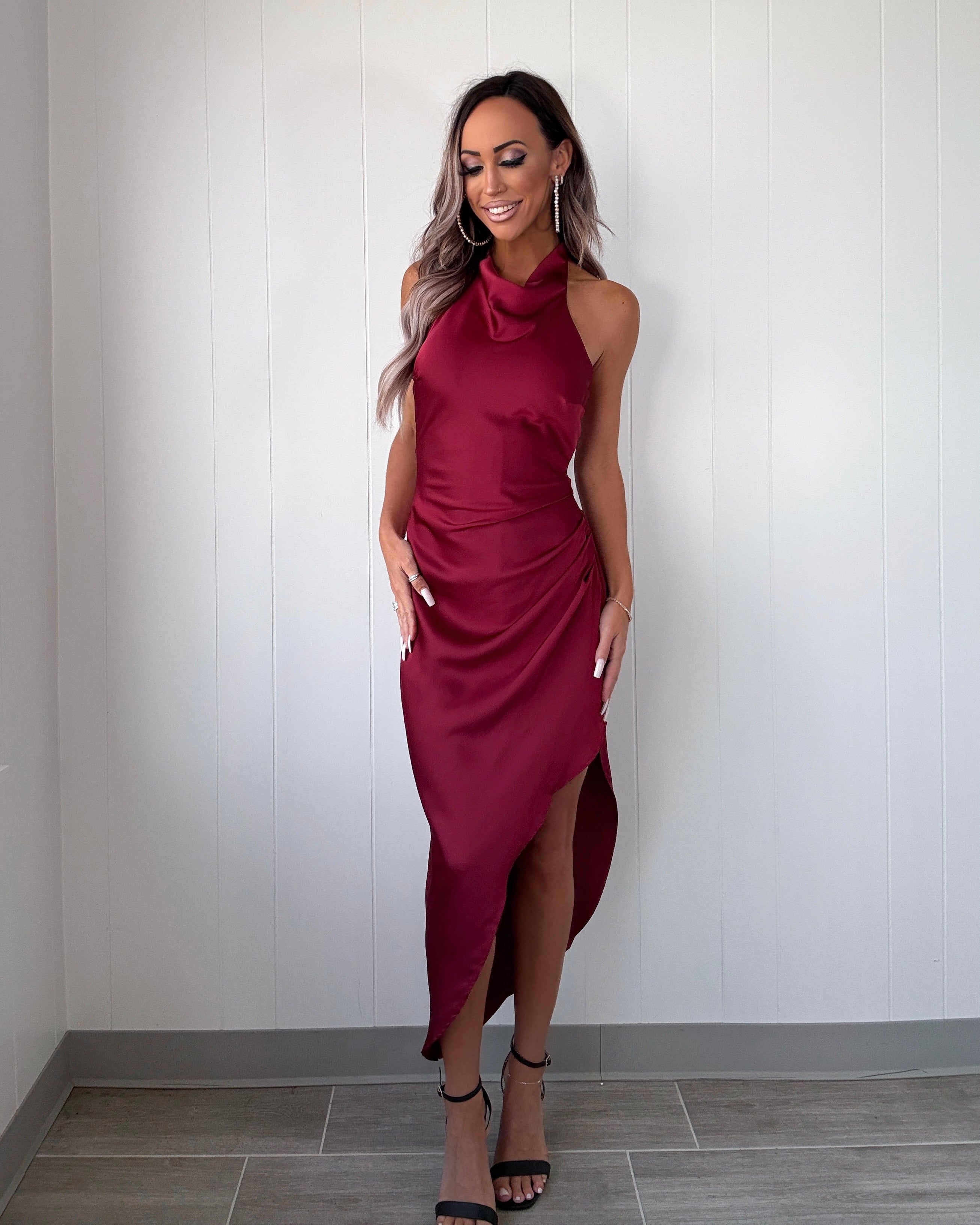 Effortless Satin Side Pleated Dress - Burgundy Large Effortless Satin Side Pleated Dress - Burgundy Large