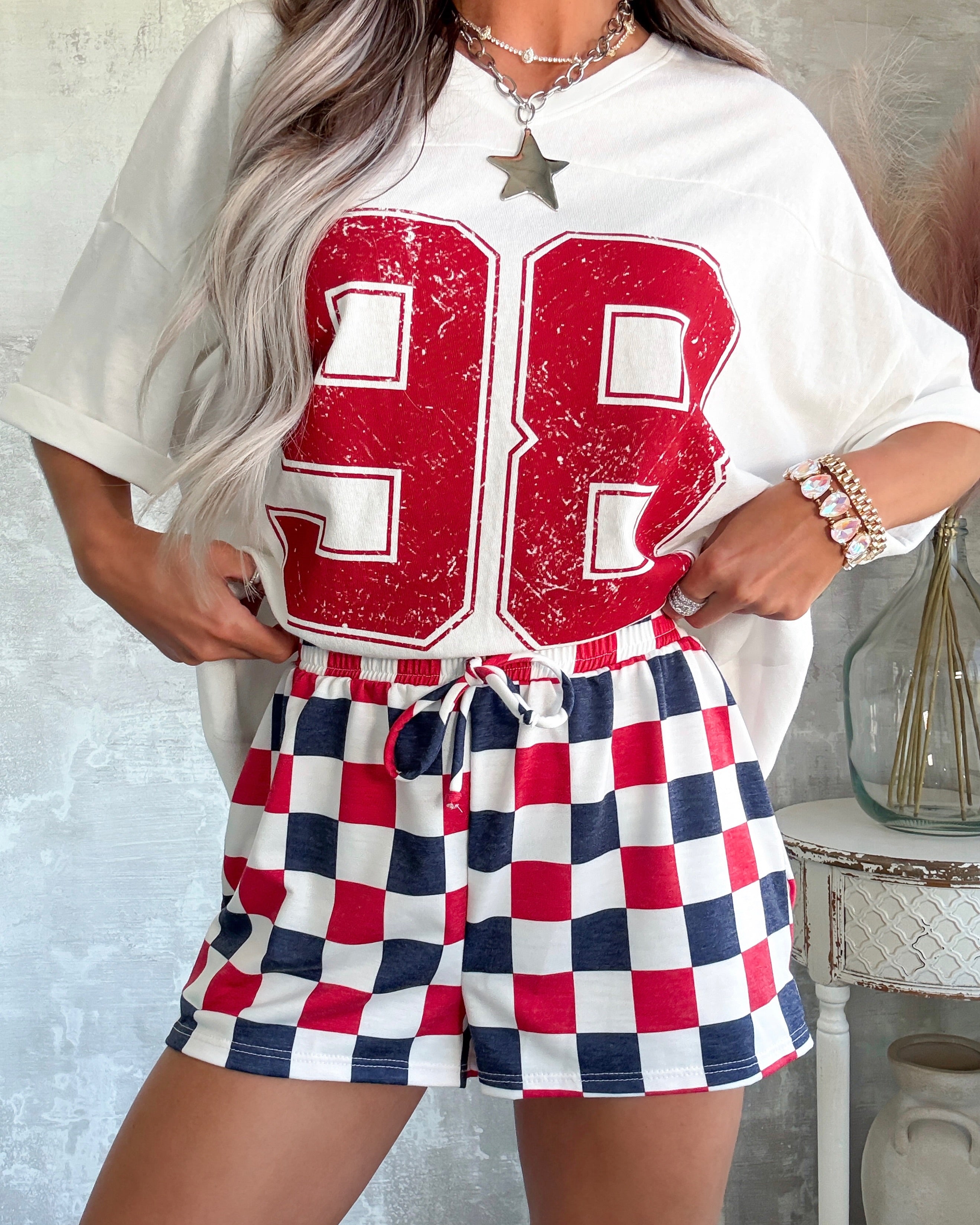Baby Doll Checkered Shorts - Navy/Red
