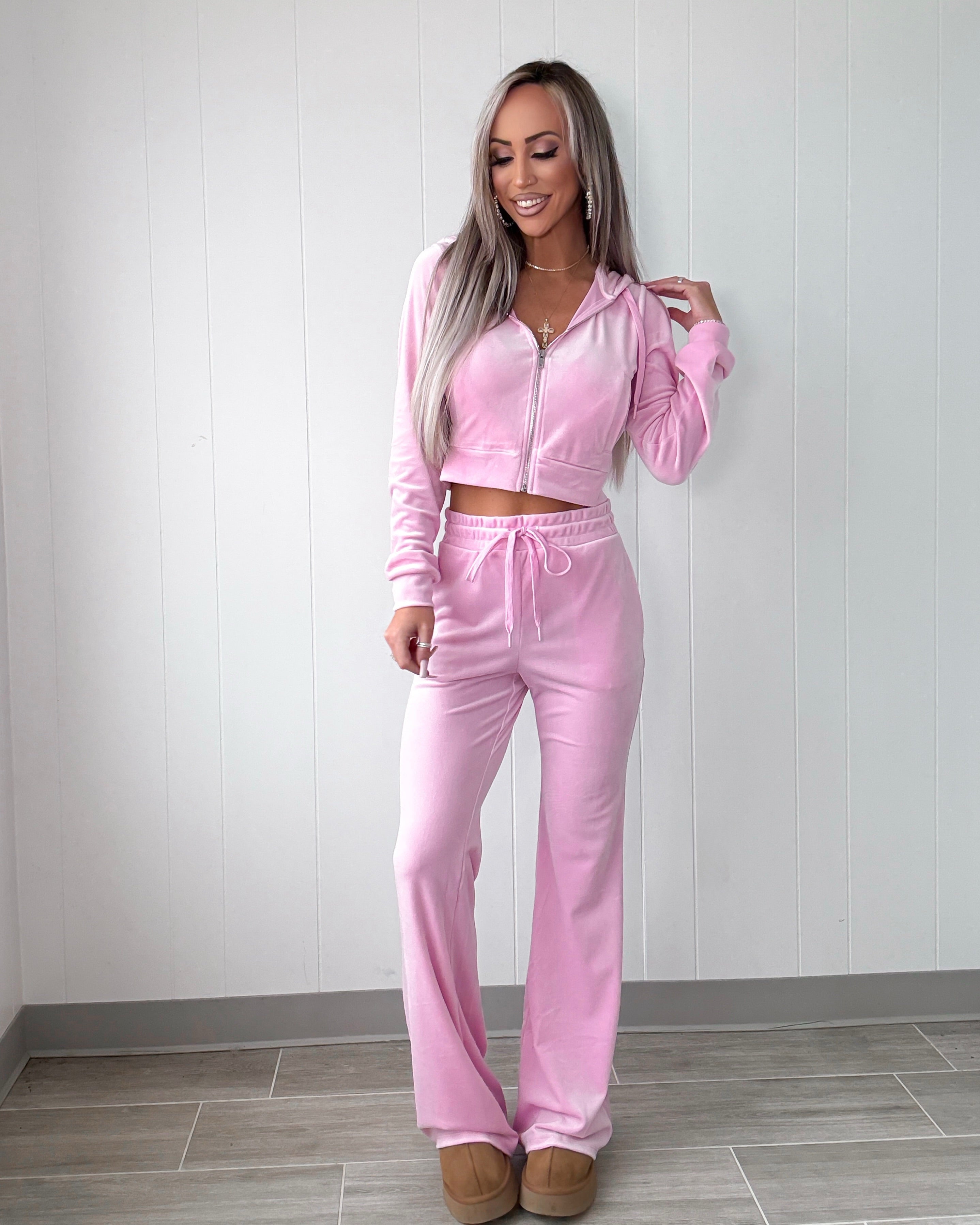 Plush Perfection Velour Zip Up Hoodie - Pastel Pink